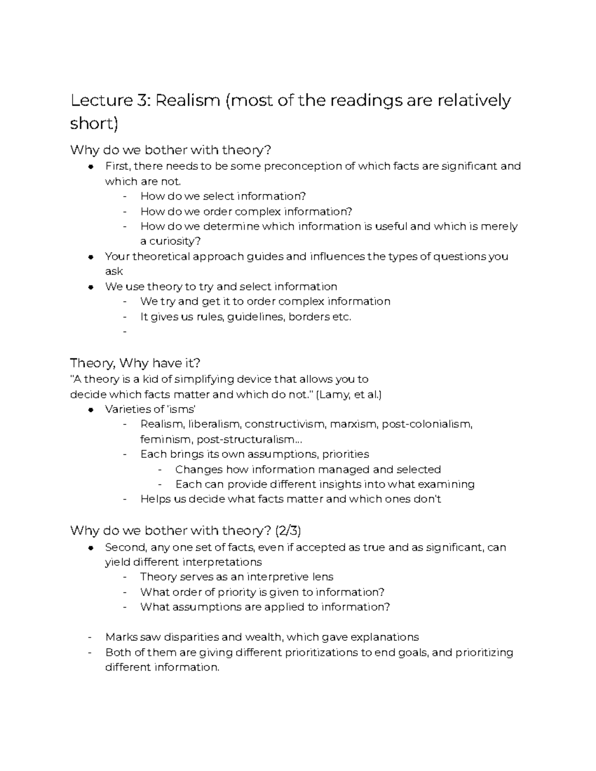 Lecture 3 Notes - Realism - Lecture 3: Realism (most of the readings ...