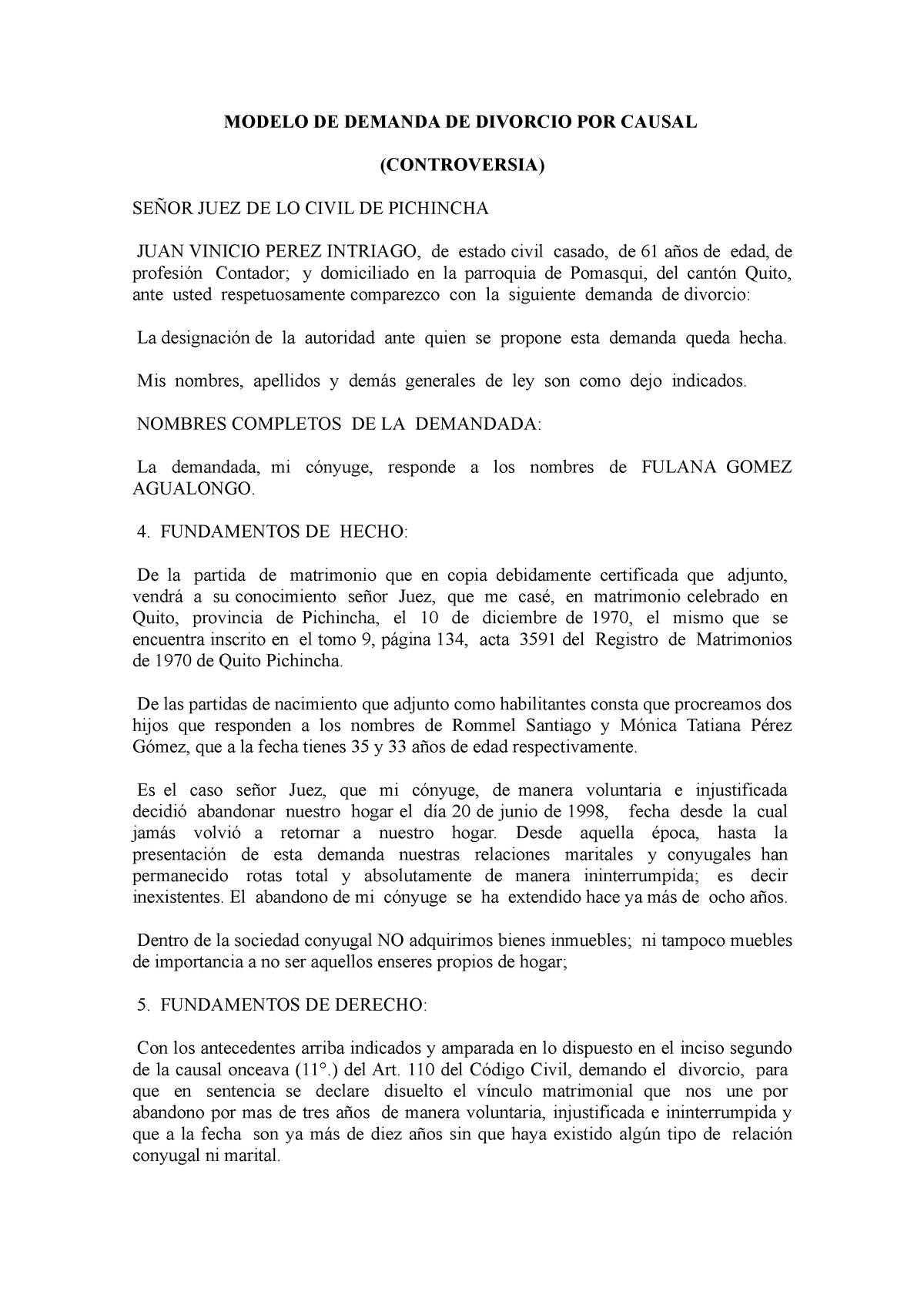 Modelo Demanda Divorcio POR Causal prensa - MODELO DE DEMANDA DE DIVORCIO POR  CAUSAL (CONTROVERSIA) - Studocu