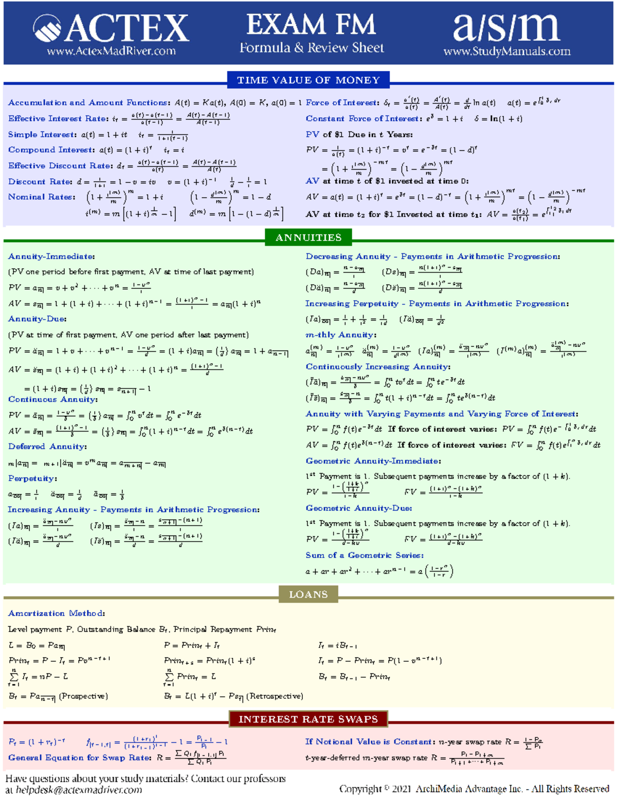 Actex-asm Formula Sheet - Fm - Time Value Of Money Accumulation And 