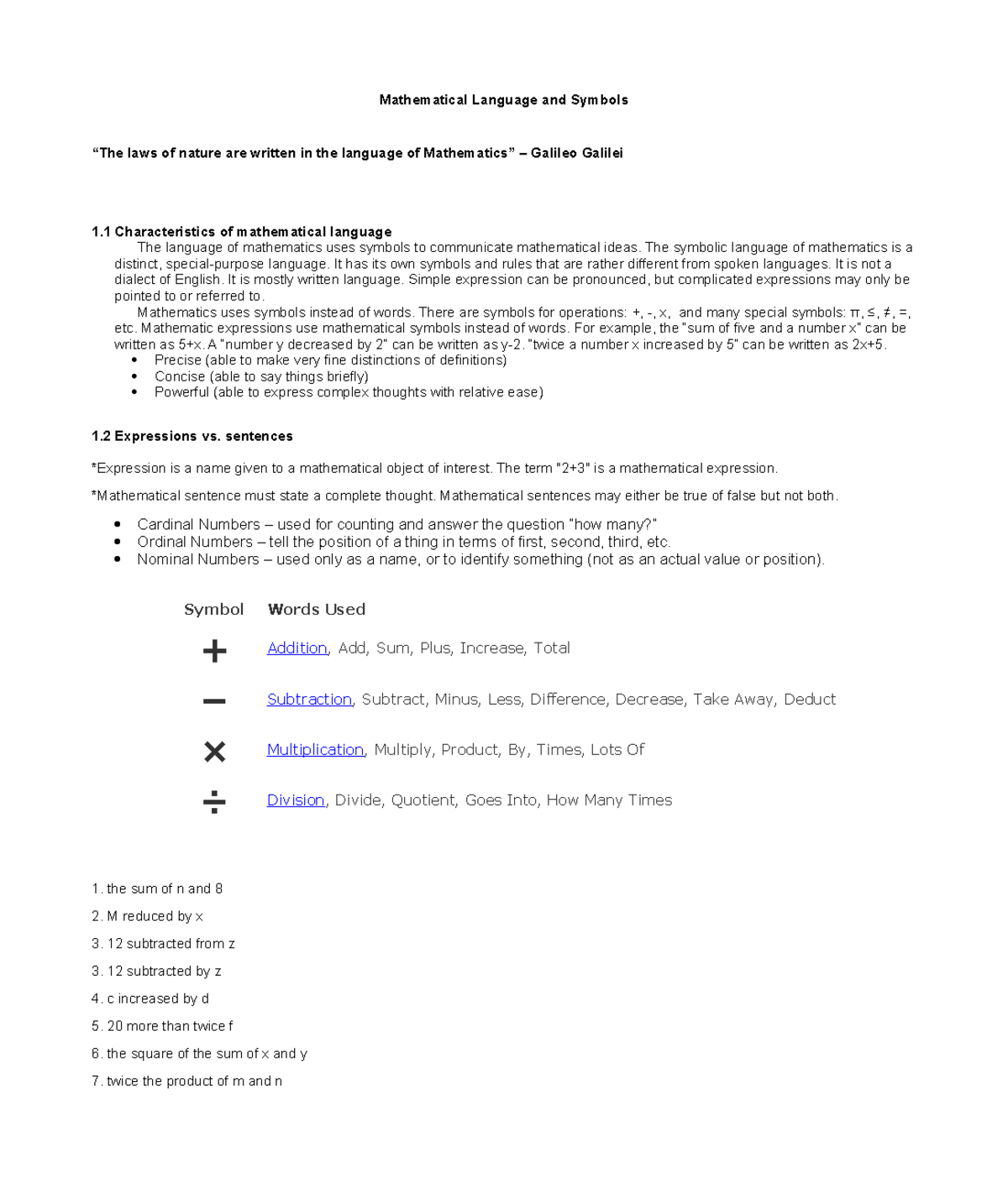 Mathematical Language and Symbols - The symbolic language of ...