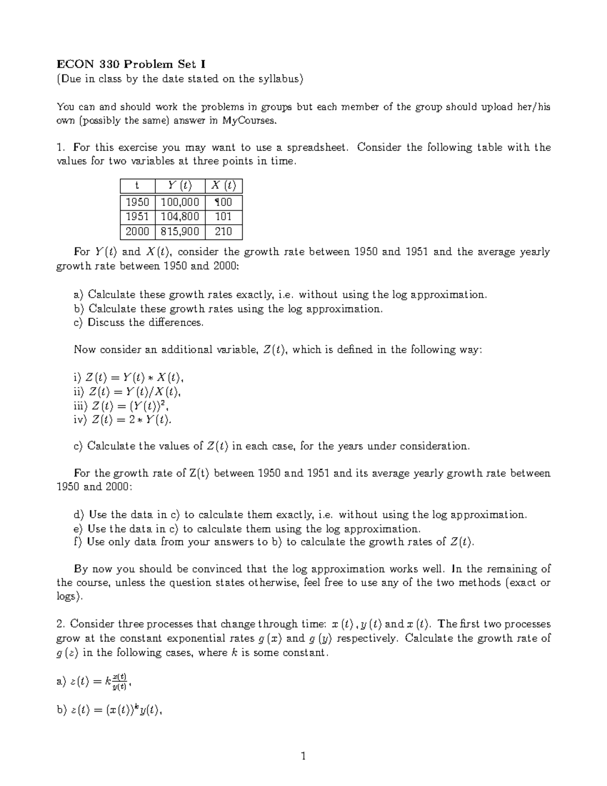 Problem Set #1 - Homework 1 for ECON 330 D1 - ECON 330 Problem Set I ...