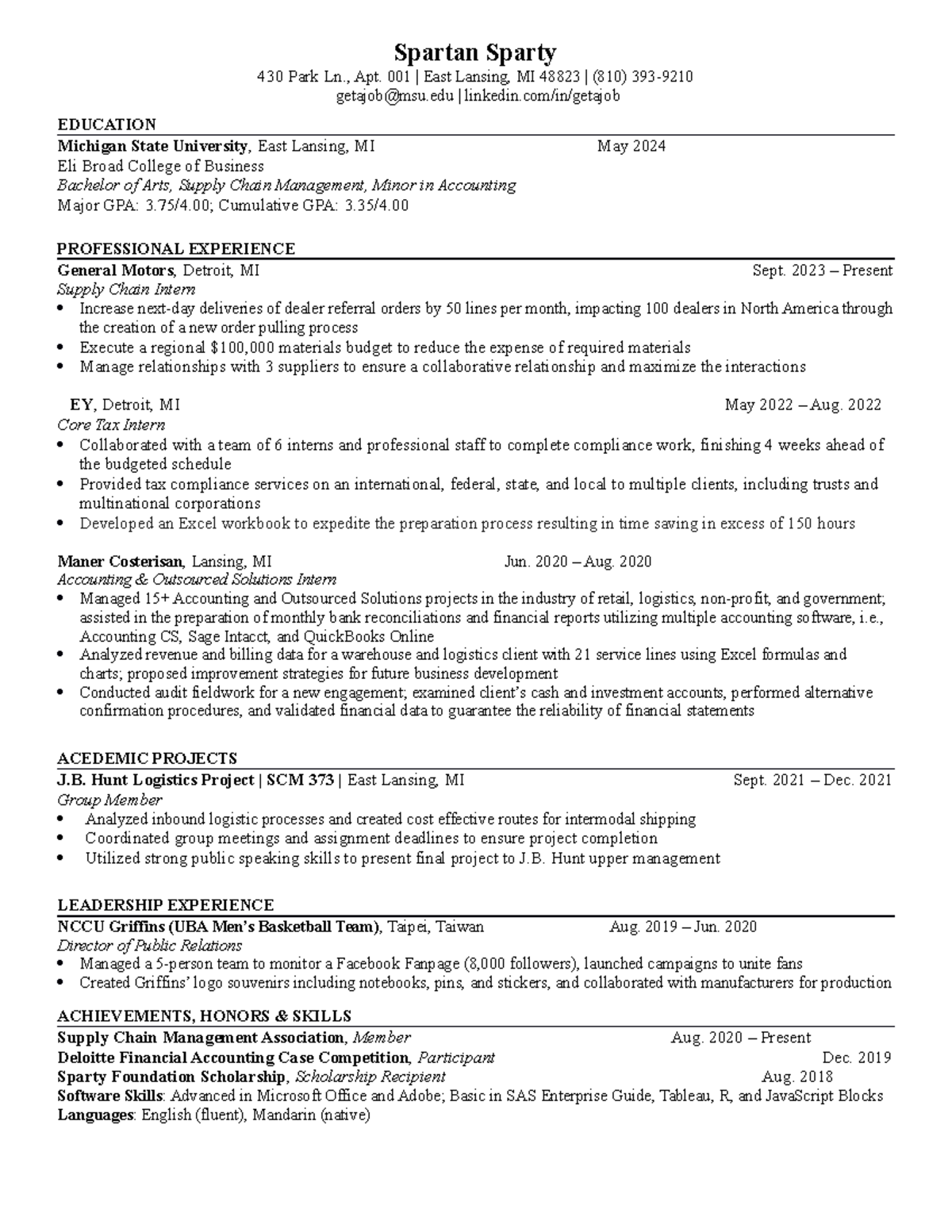 Broad Resume Template with notesFS23 Spartan Sparty 430 Park Ln