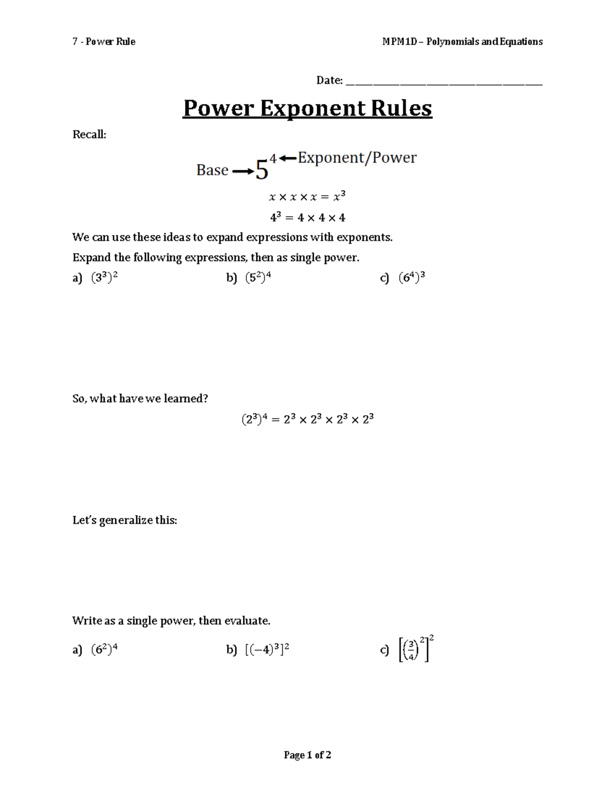 07 - Power Rule - Notes - 7 - Power Rule MPM1D – Polynomials and ...