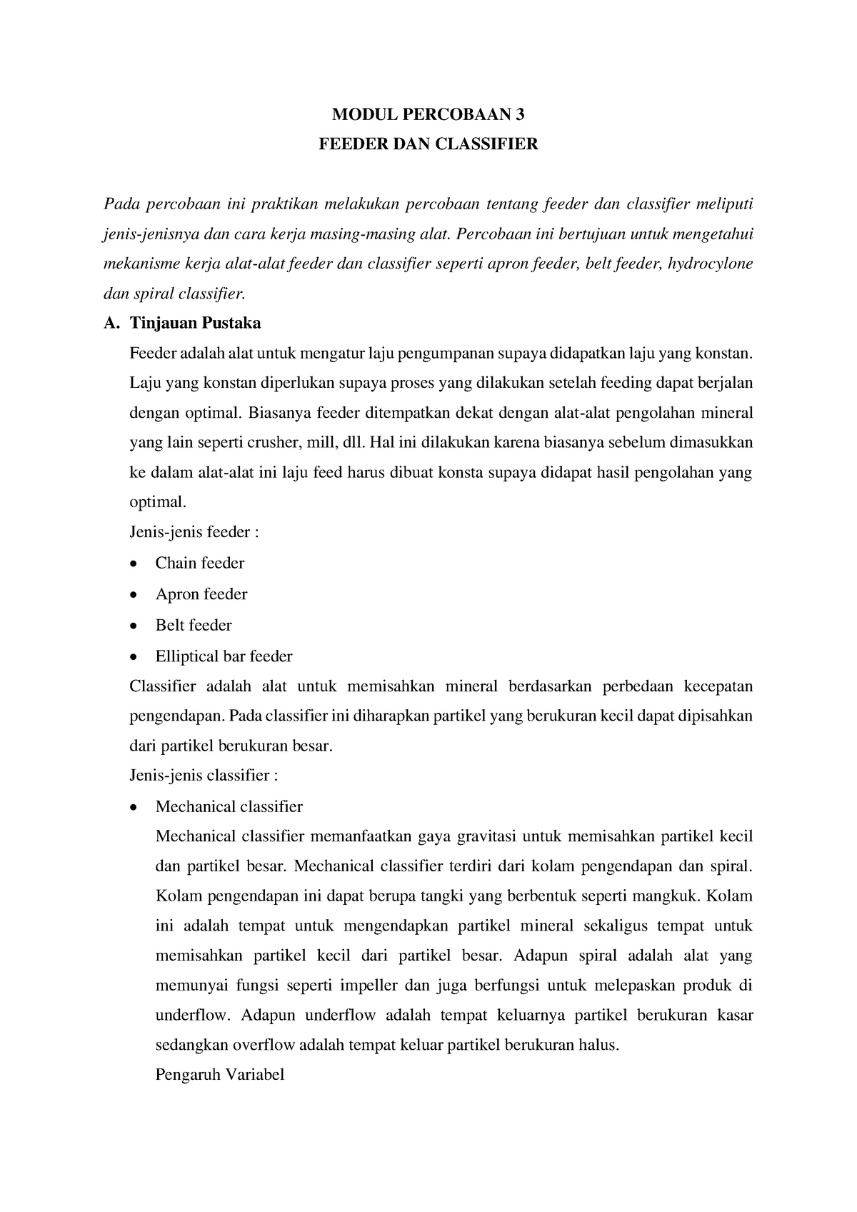 Modul Percobaan 3 - Pengolahan Bahan Galian - MODUL PERCOBAAN 3 FEEDER ...