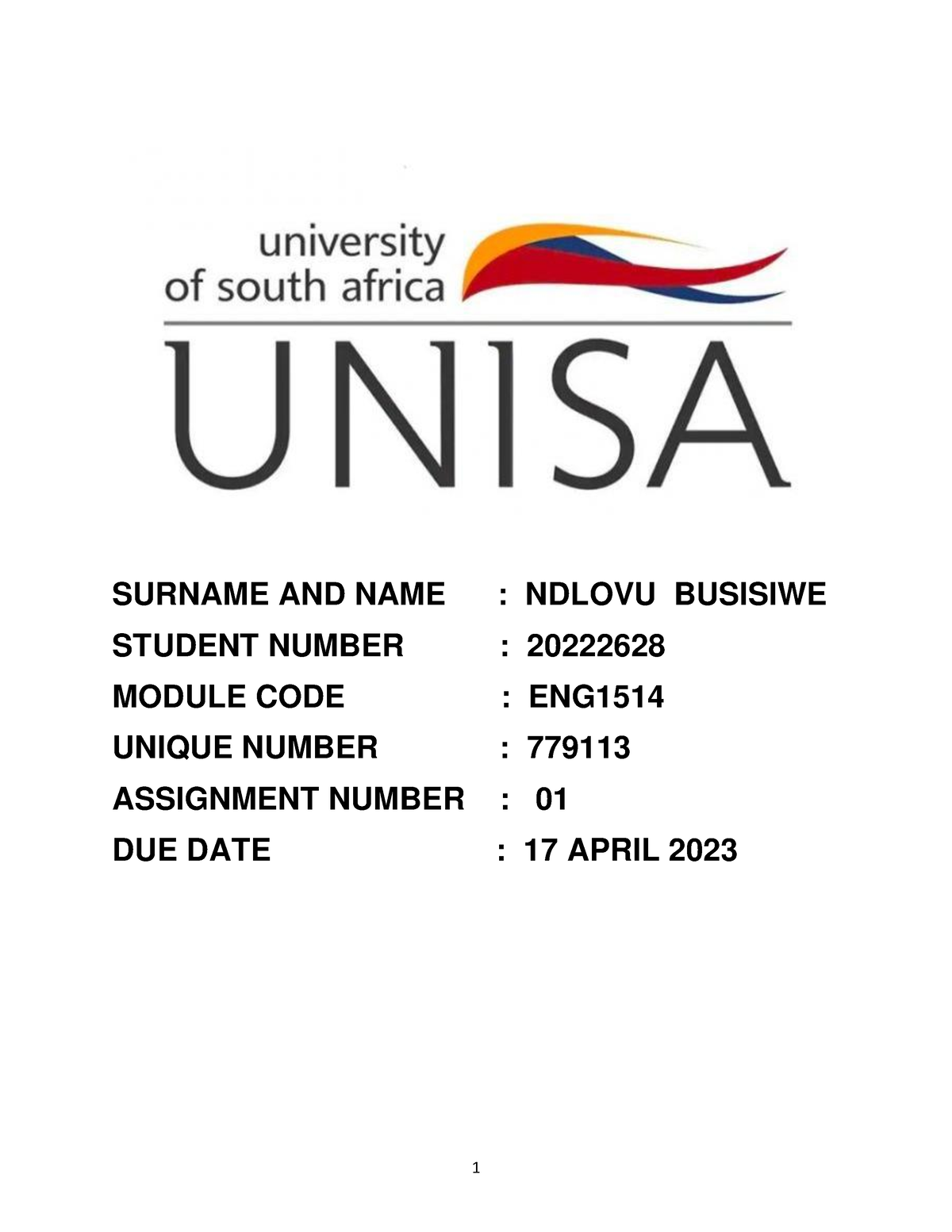 cover page unisa assignment