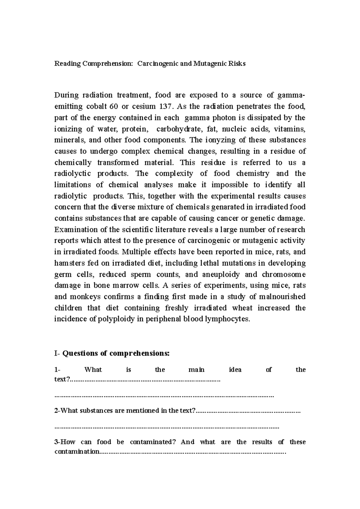 M1 BM M1 BM Reading Comprehension Carcinogenic and Mutagenic Risks