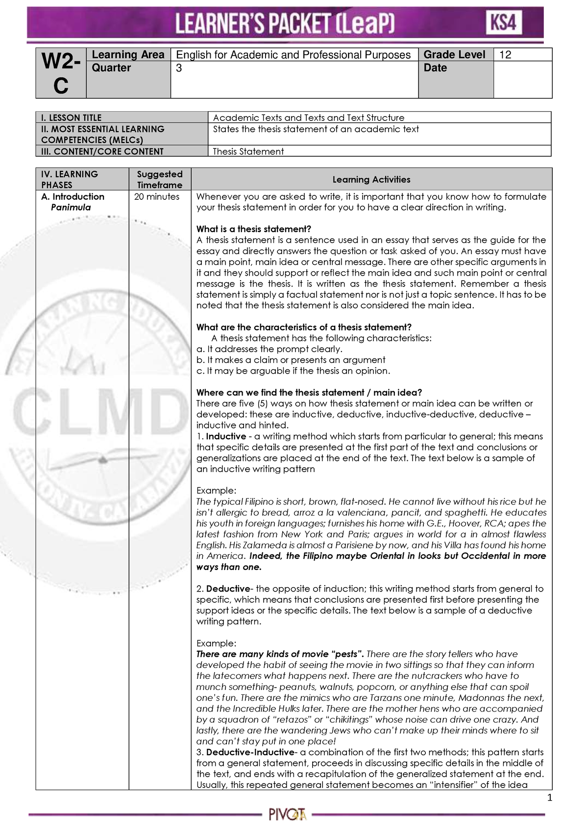 Eapp Wk2 C Module W2 C Learning Area English For Academic And Professional Purposes Grade 6933