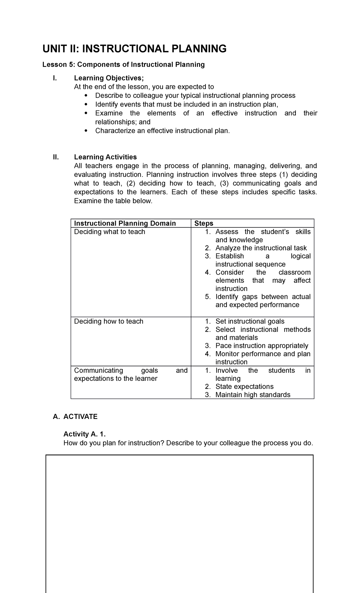 UNIT II Sir Dilag Reporting - UNIT II: INSTRUCTIONAL PLANNING Lesson 5 ...