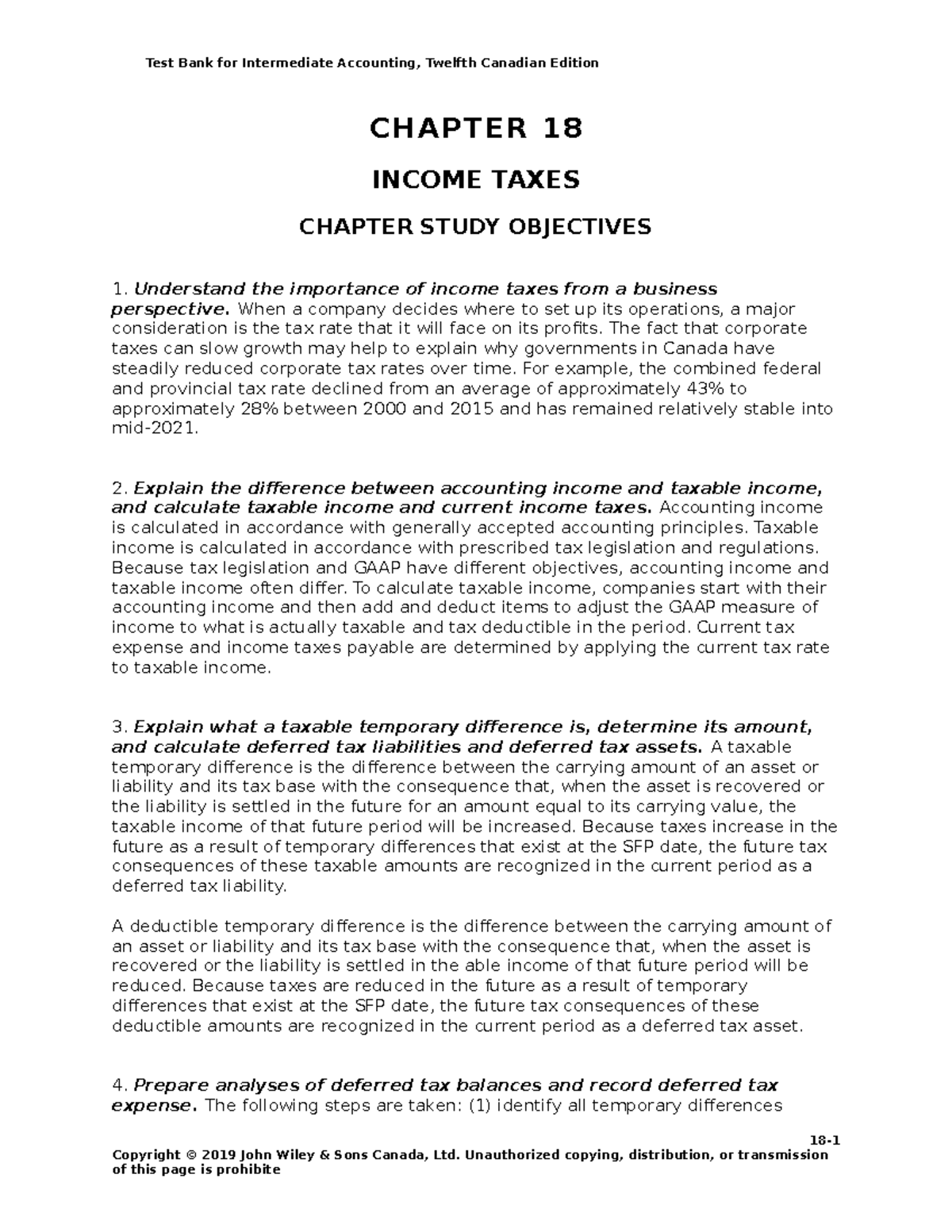 Ch18 Wiley Test Bank - CHAPTER 18 INCOME TAXES CHAPTER STUDY OBJECTIVES ...