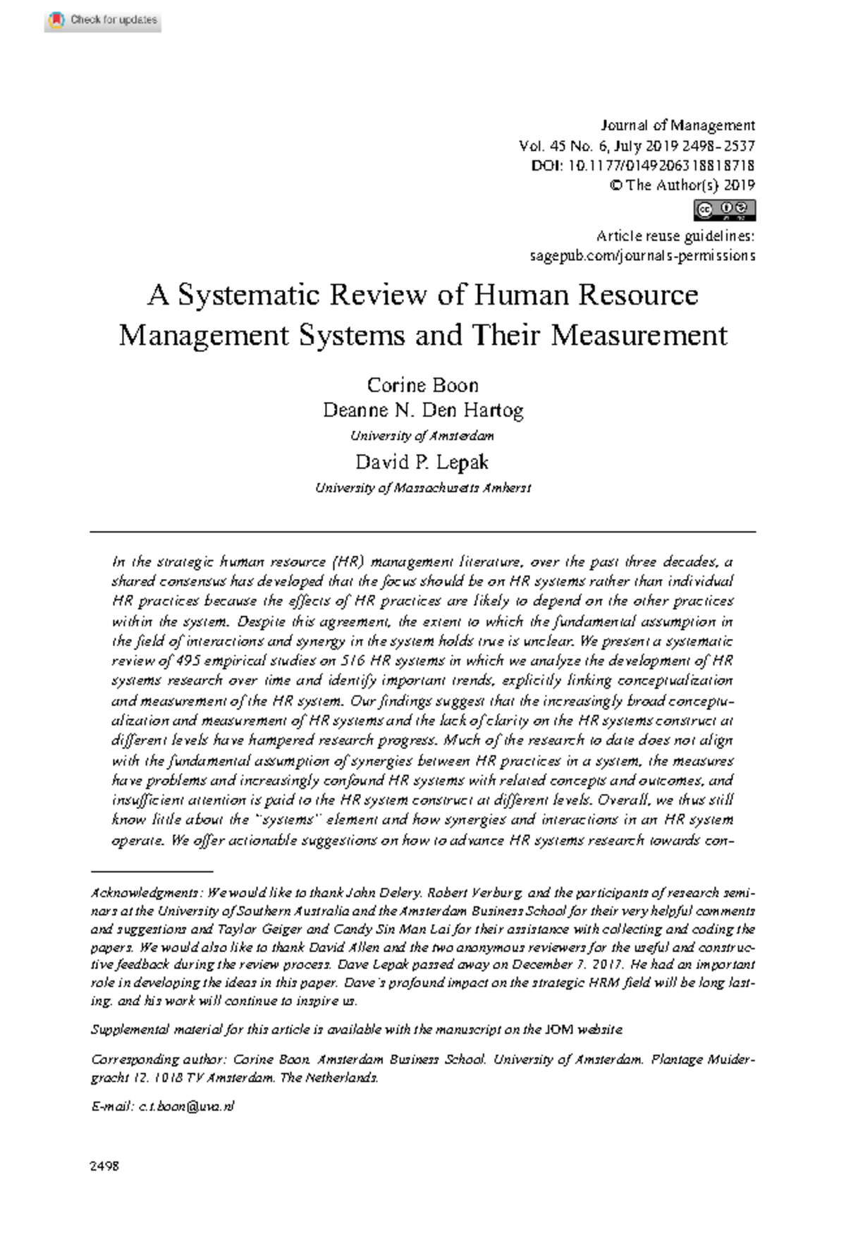 Boon et al 2019 a systematic review of human resource management ...