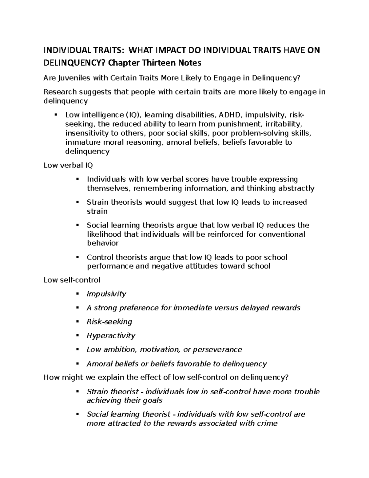 Juvenile Delinquency Ch.13 Notes - INDIVIDUAL TRAITS: WHAT IMPACT DO ...