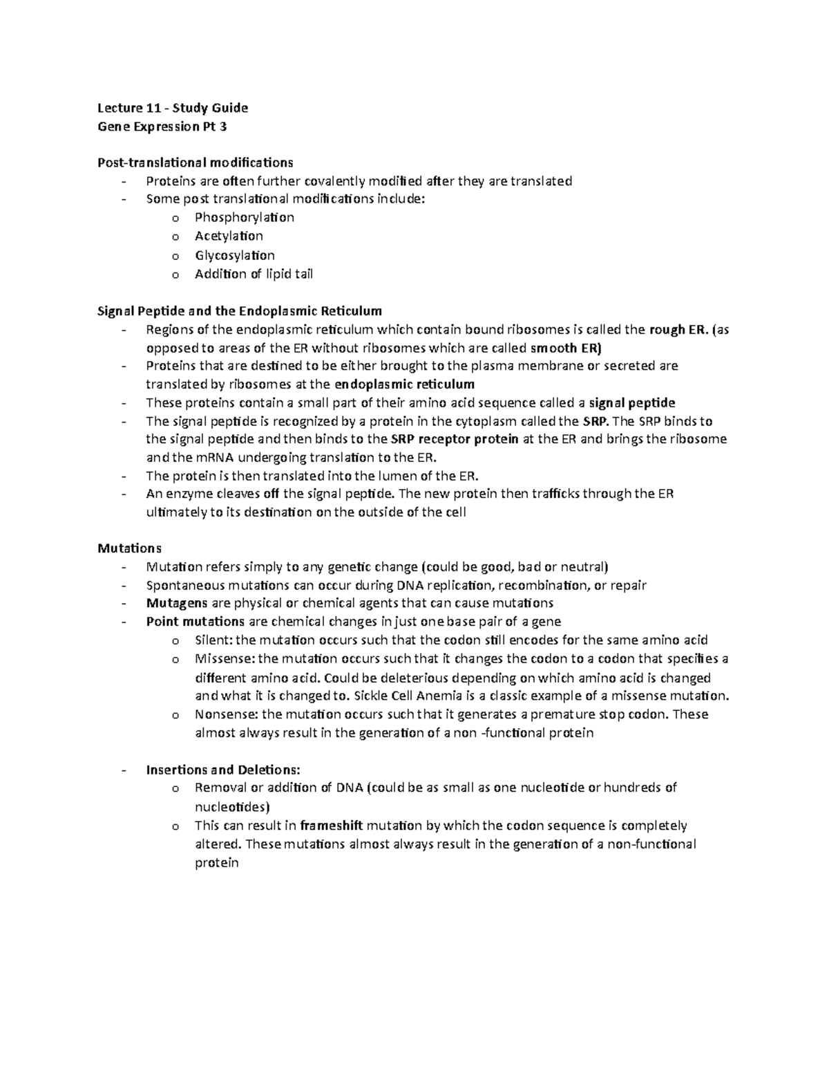 Lecture 11 Study Guide - Lecture 11 - Study Guide Gene Expression Pt 3 ...