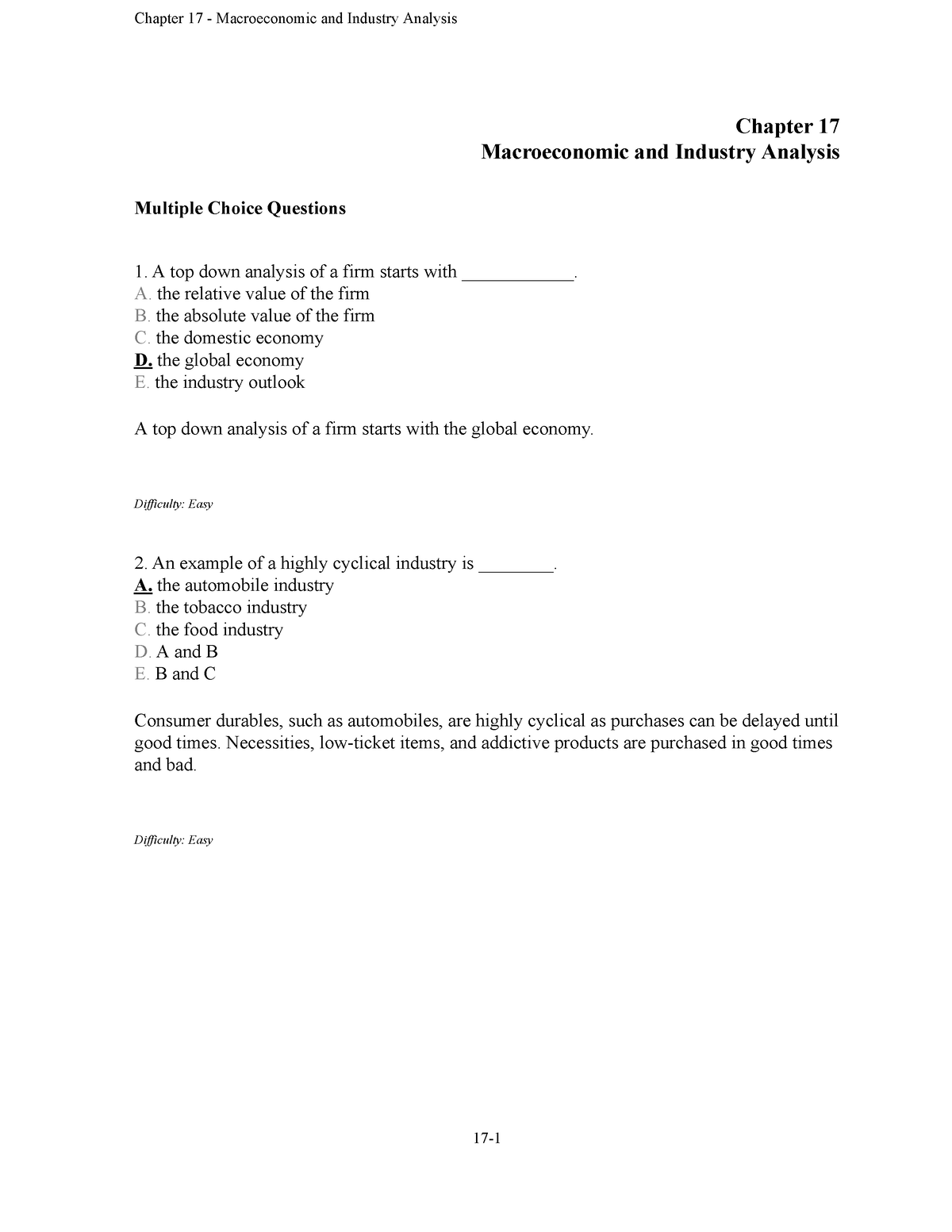 Chap017 - Practice Questions - Chapter 17 Macroeconomic And Industry ...