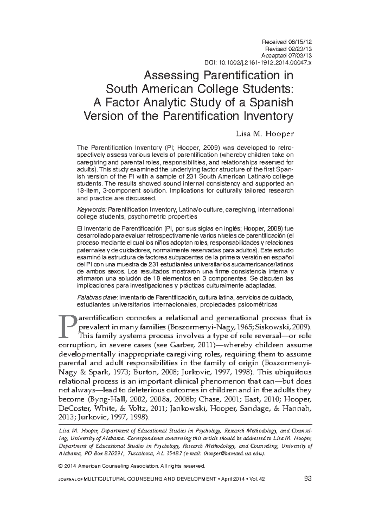 Hooper 2013 Spanish Version of the Parentification Inventory © 2014