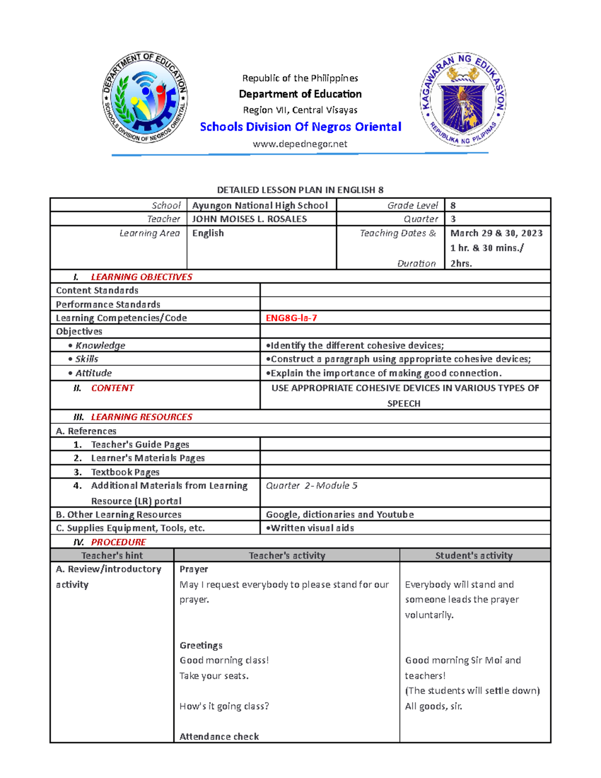 Lesson-Plan-edited - Nice - Republic of the Philippines Department of ...