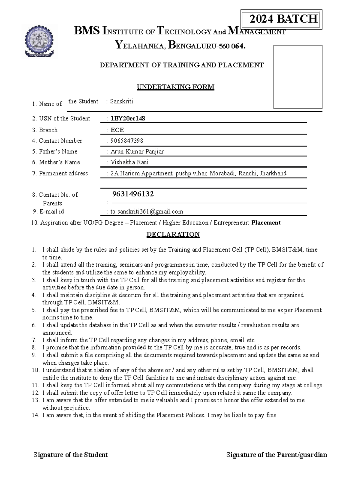 Student Undertaking Form PTCell BE Name Of 2024 BATCH BMS INSTITUTE   Thumb 1200 1697 