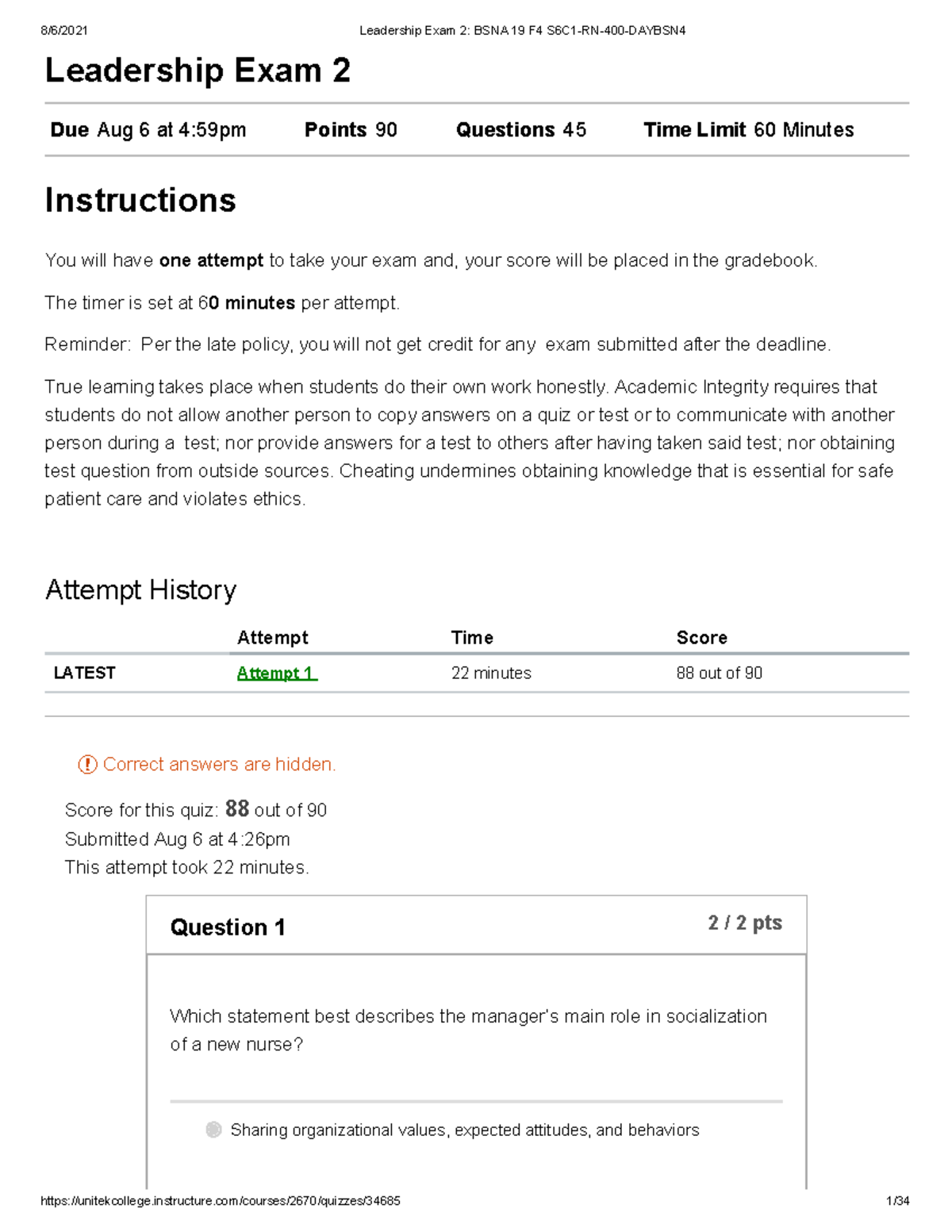 Leadership Exam 2 - Score for this quiz: 88 out of 90 Submitted Aug 6 ...