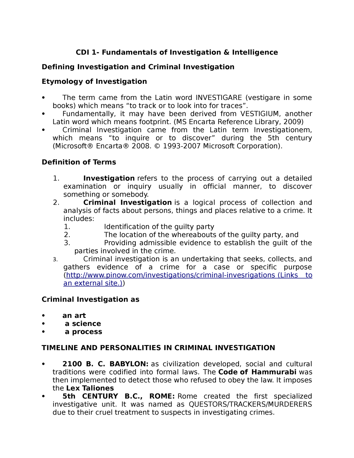 CDI-1 Notes - CDI 1- Fundamentals Of Investigation & Intelligence ...