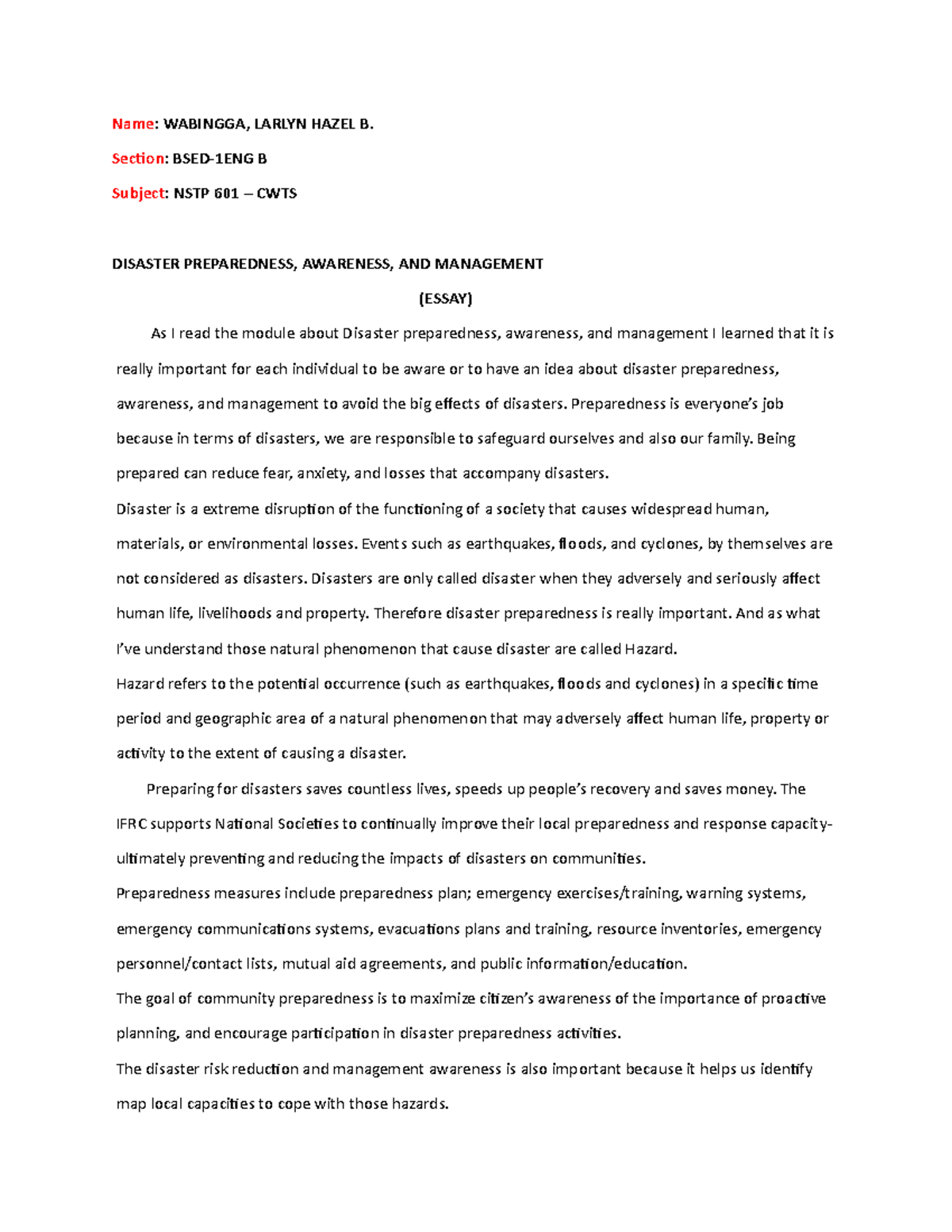 disaster management essay plus one