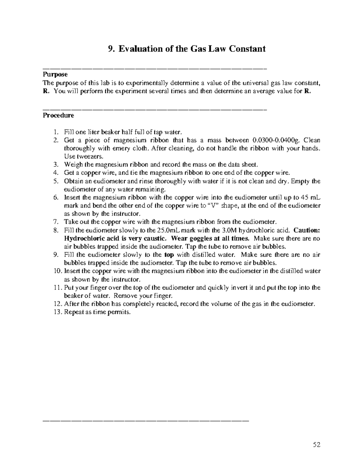 LAB 9 - Chemistry Lab - 9. Evaluation of the Gas Law Constant - Studocu