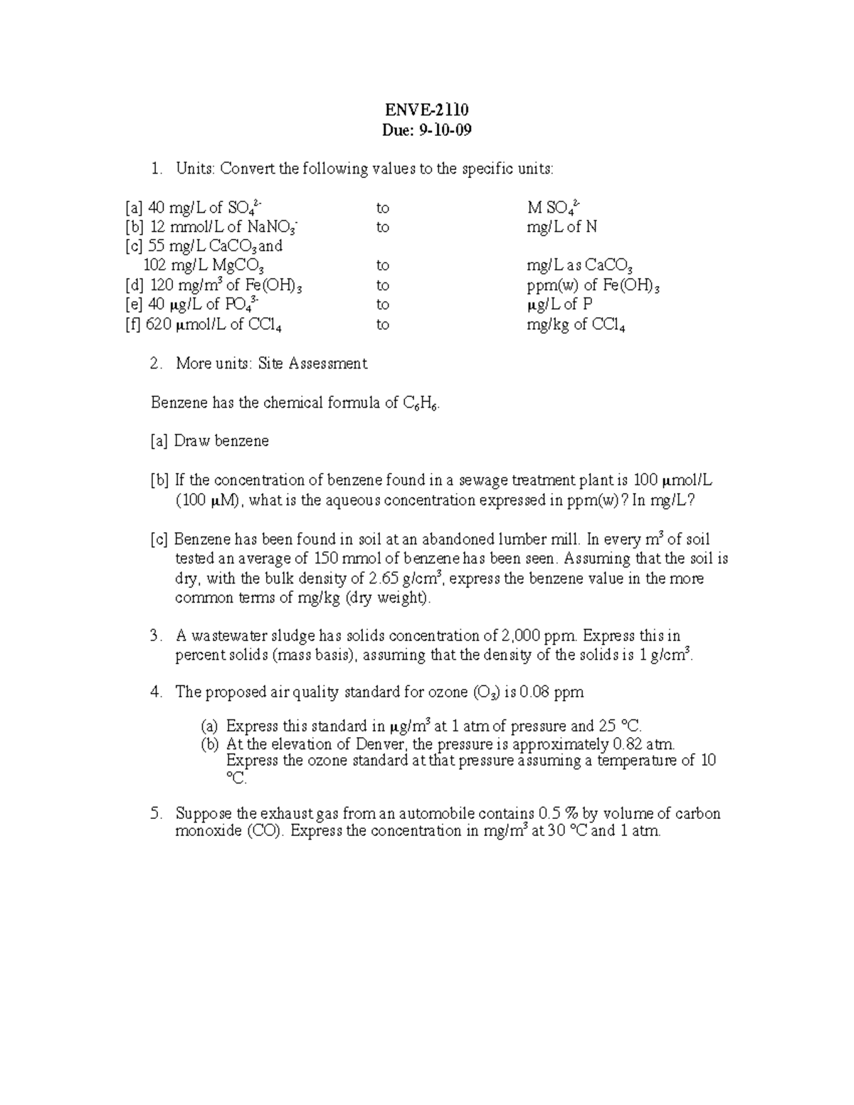HW1 solutions - homework - ENVE- Due: 9-10- Units: Convert the ...