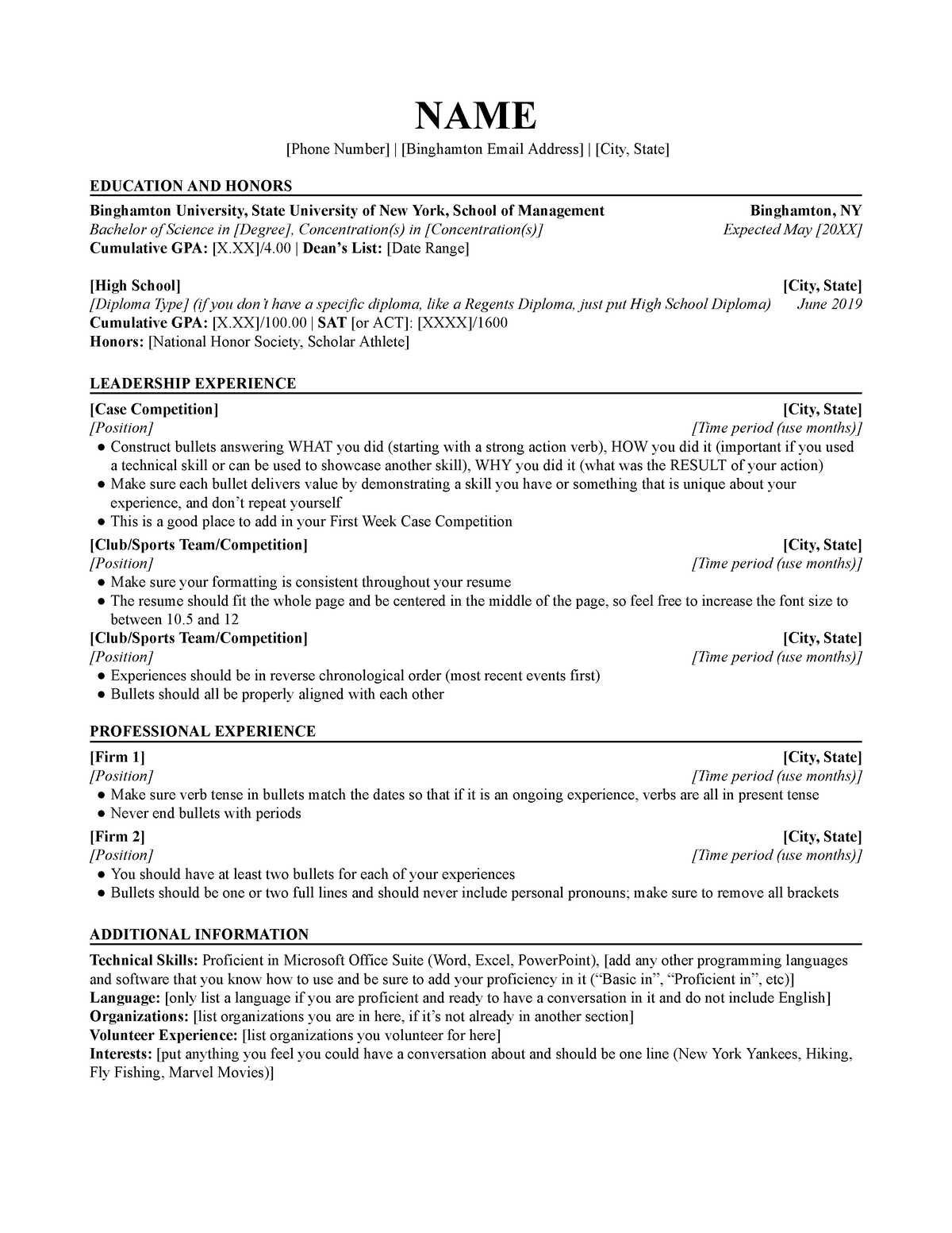 MGMT 111 Resume Template NAME [Phone Number] [Binghamton Email