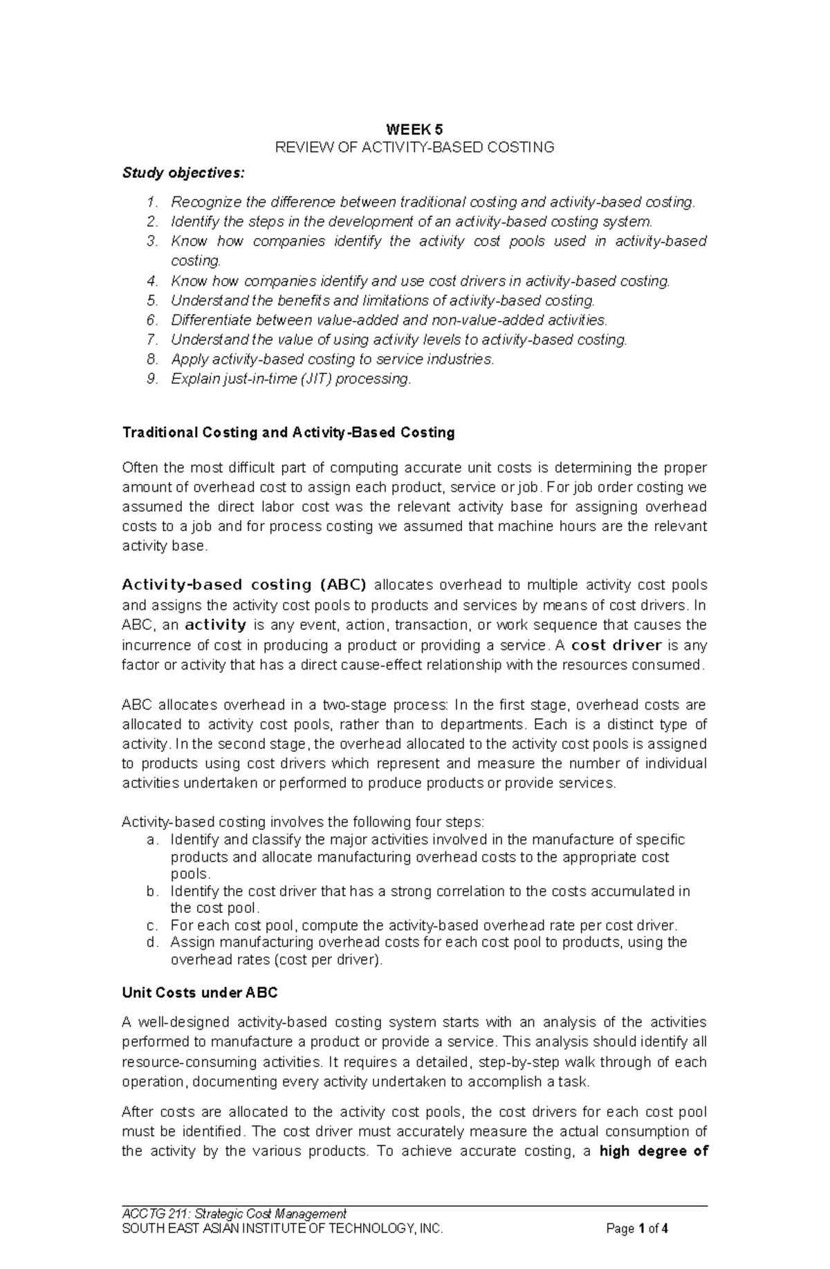 Module-A211-05 - Notes - WEEK 5 REVIEW OF ACTIVITY-BASED COSTING Study ...
