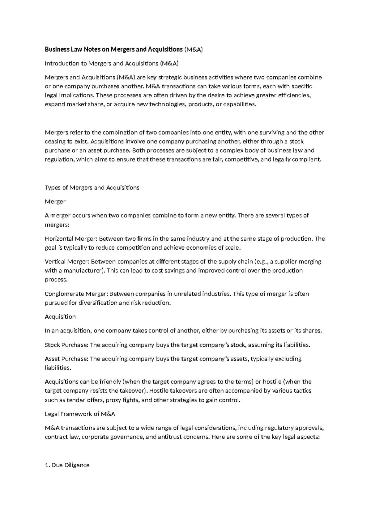 Business Law Notes on Mergers and Acquisitions - M&A transactions can ...