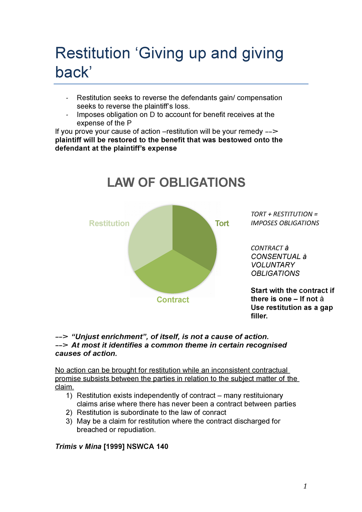 Remedies notes - Restitution up and giving Restitution seeks to reverse