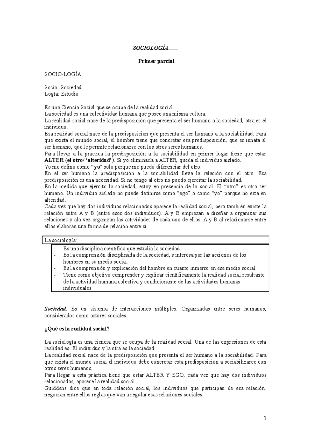 Sociologia Resumen Primer Parcial - SOCIOLOGÍA Primer Parcial SOCIO ...