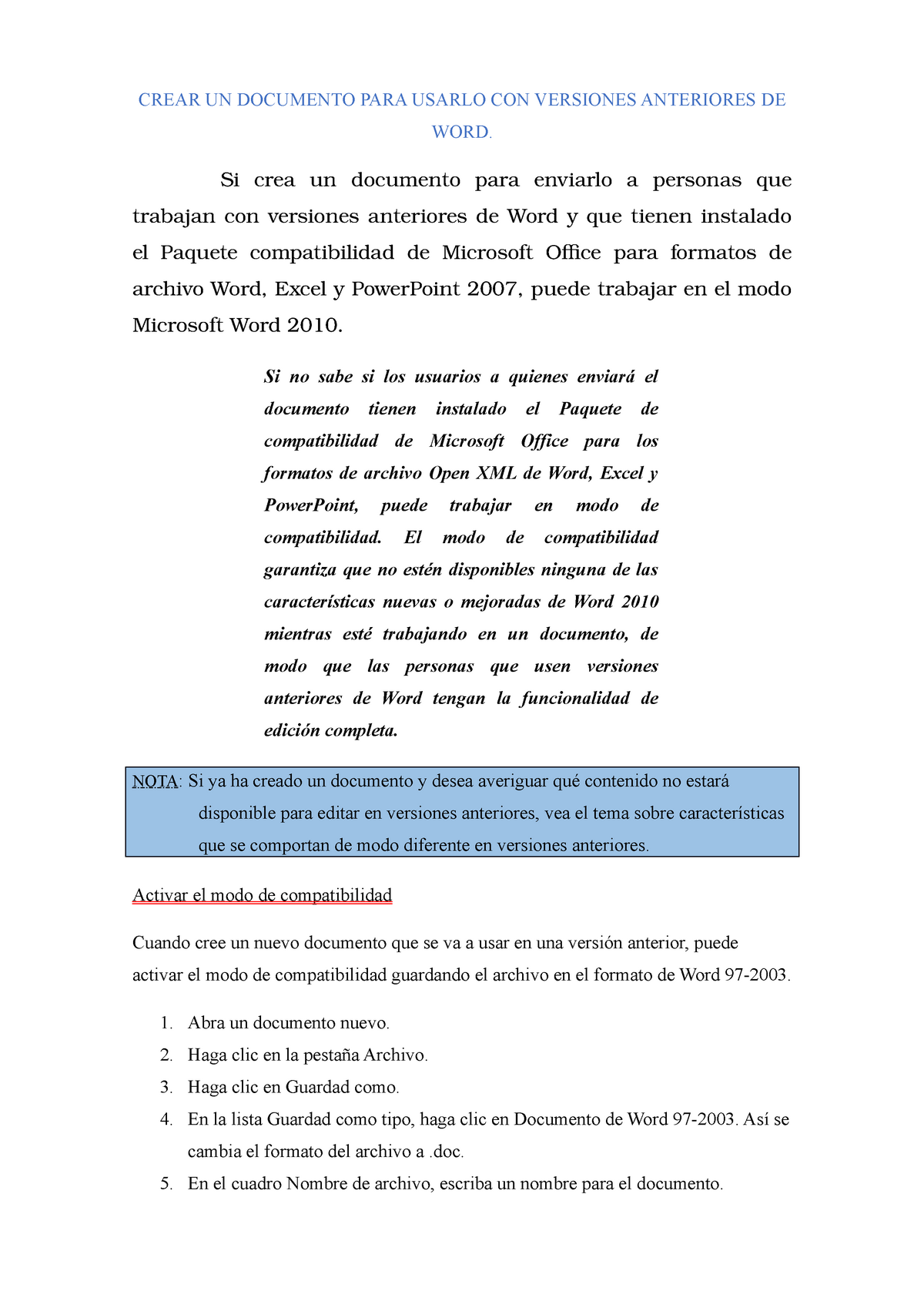 Word2016-TP1-Ej1 Autoasistido - CREAR UN DOCUMENTO PARA USARLO CON  VERSIONES ANTERIORES DE WORD. Si - Studocu