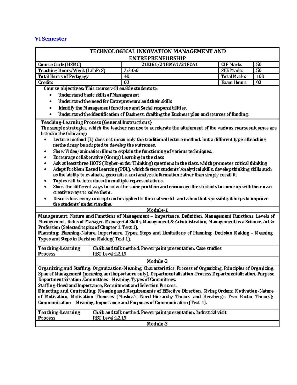 21EC61 Syl - syllabus - VI Semester TECHNOLOGICAL INNOVATION MANAGEMENT ...