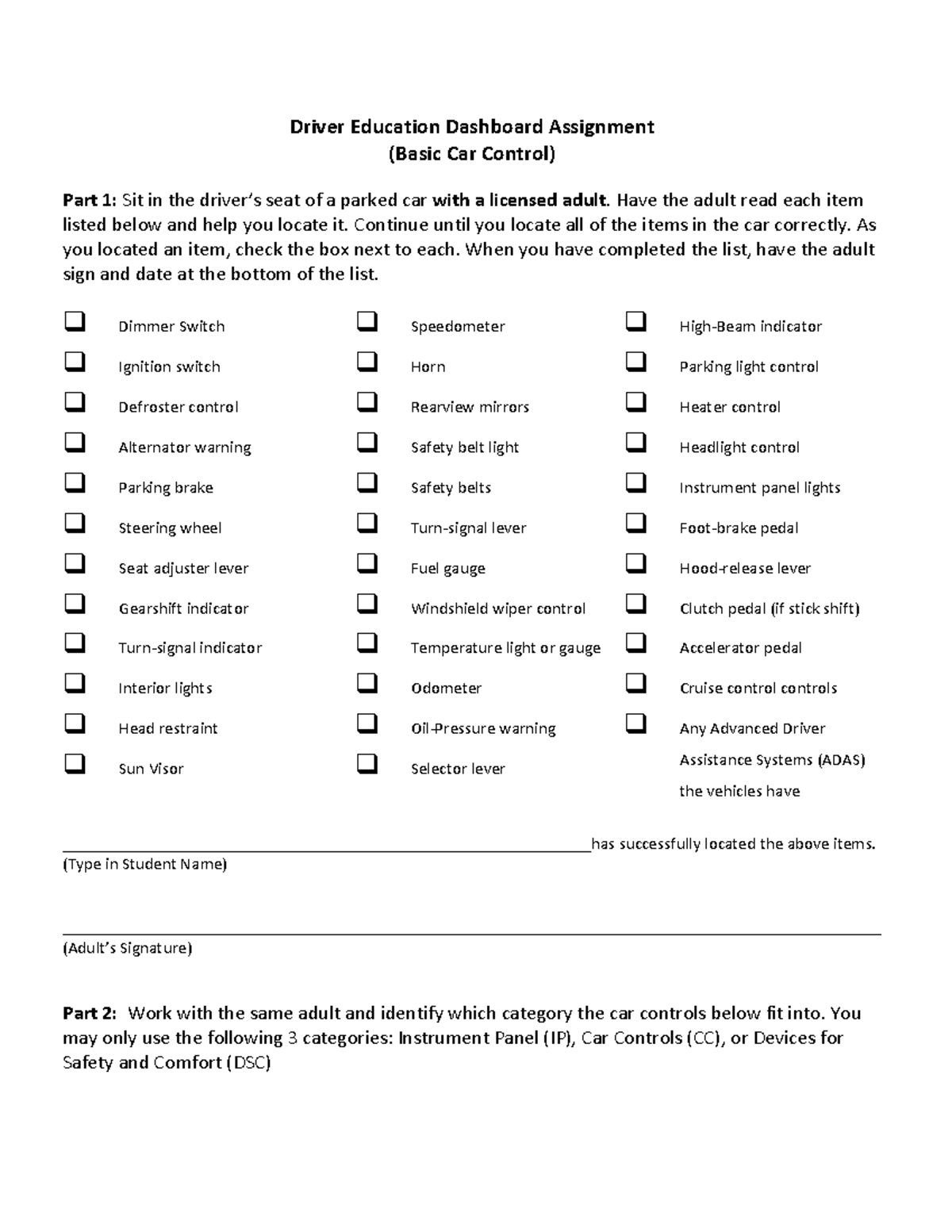 driver education dashboard assignment (basic car control) part 2