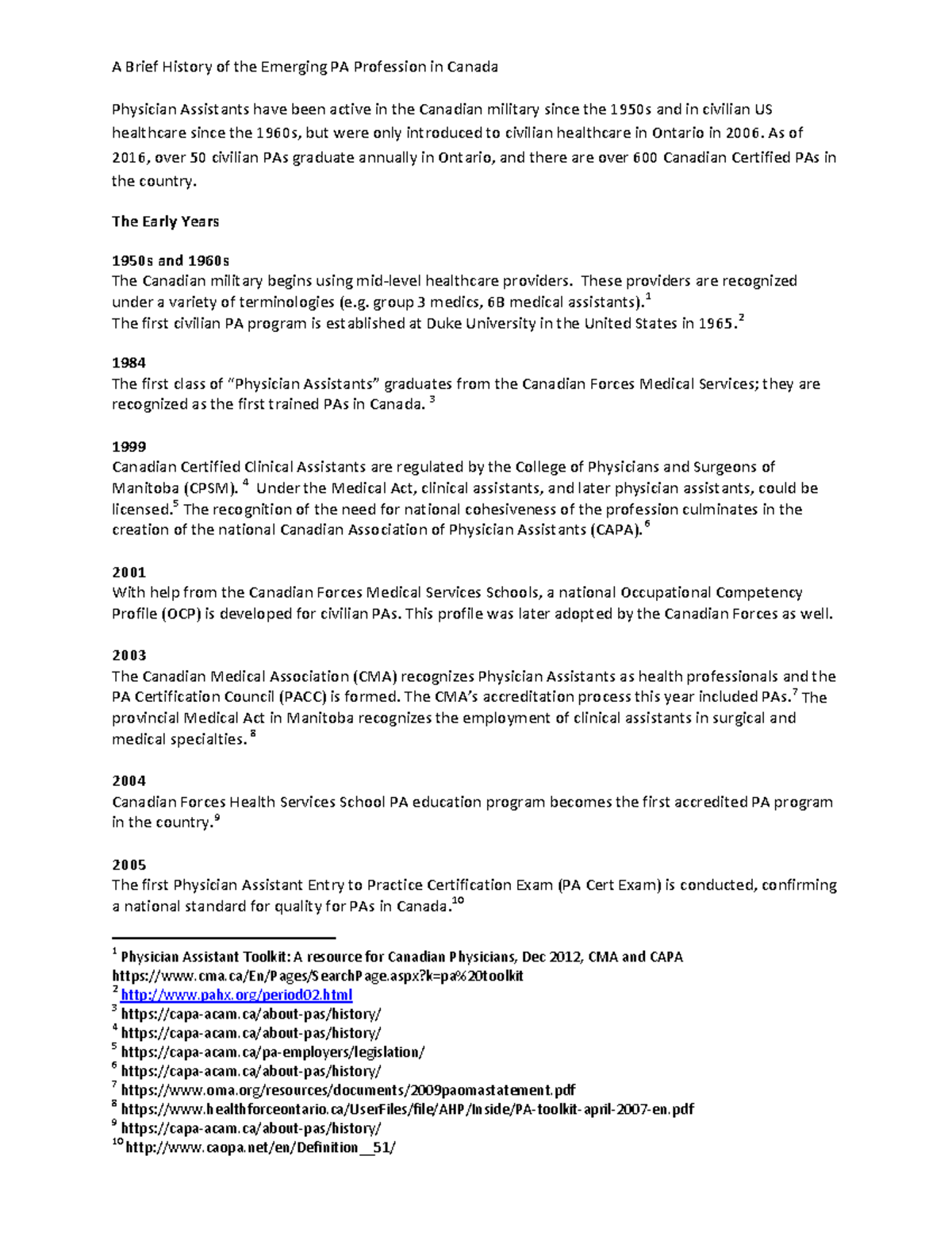 PA Brief History Canada 0 - A Brief History of the Emerging PA ...