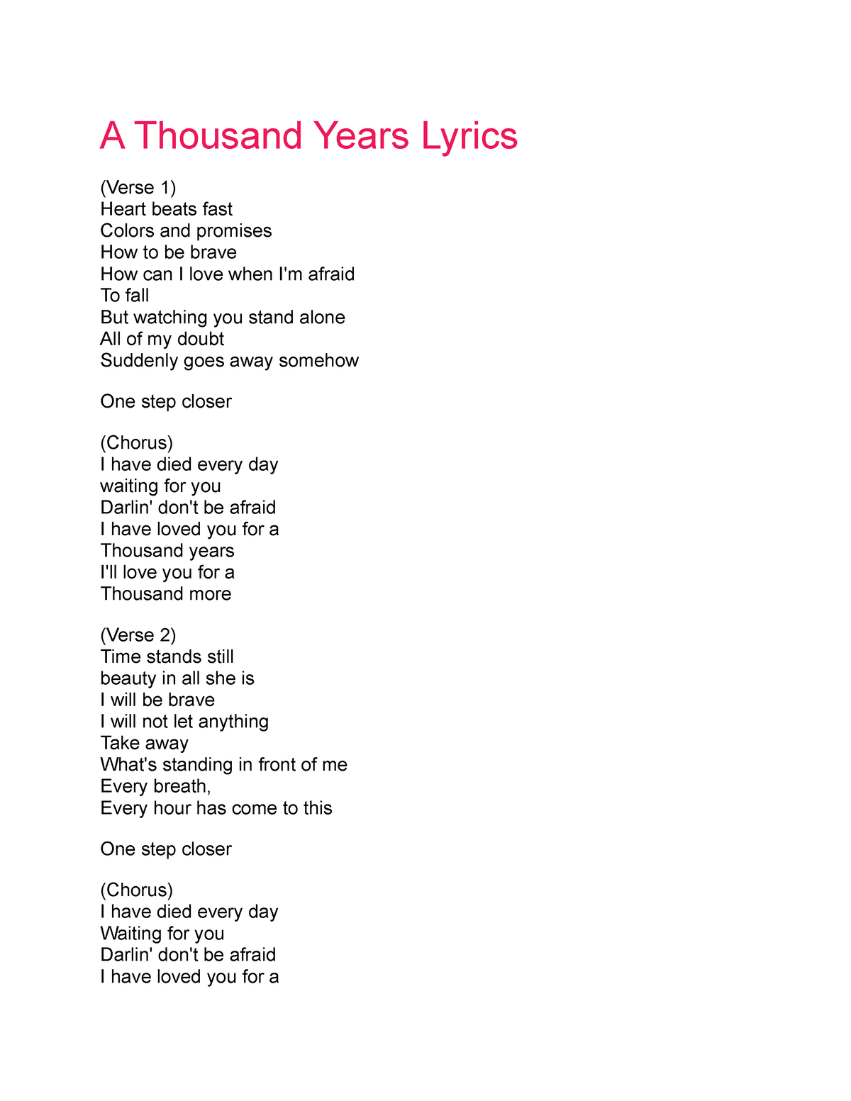 A thousand years Lyrics