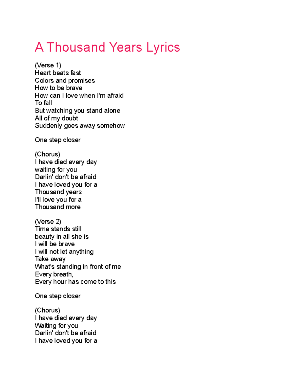 A Thousand Years Lyrics - Studocu