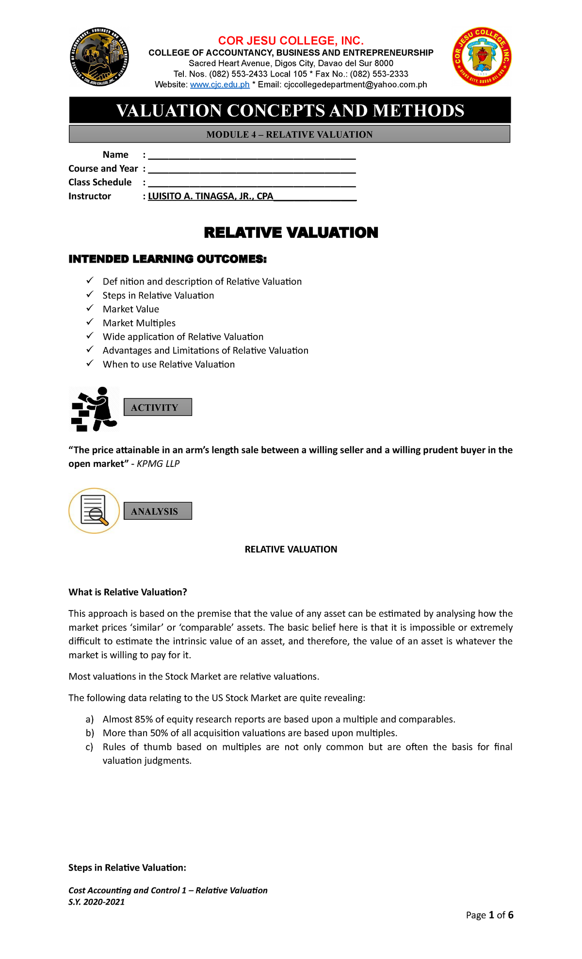 Valuation Concepts And Methods Topic 4 College Of Accountancy