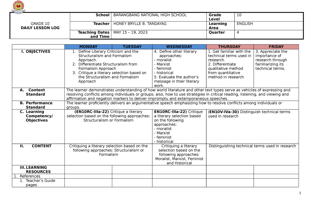 May 15 - 19, 2023 - GRADE 10 DAILY LESSON LOG School BARANGBANG ...