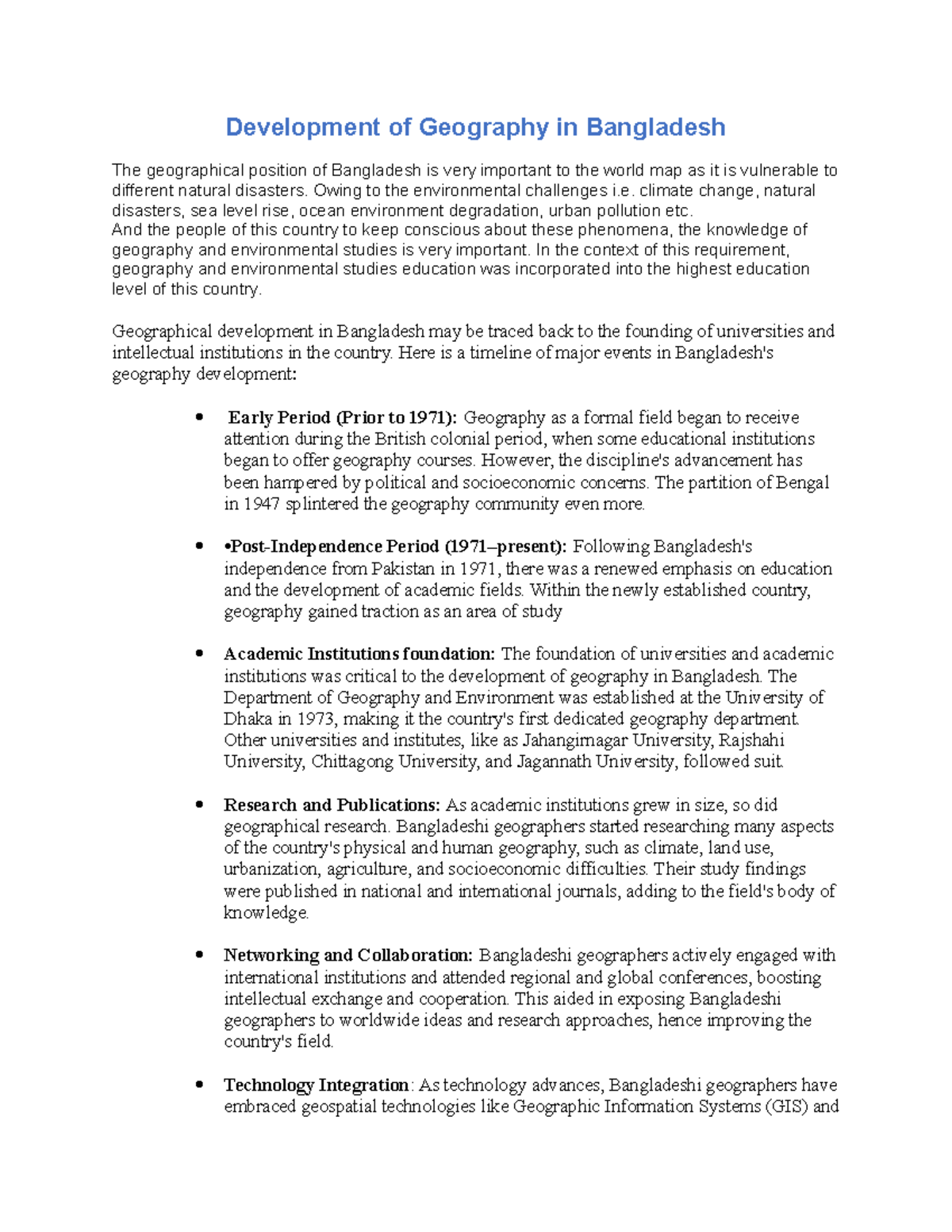 Development Of Geography In Bangladesh Owing To The Environmental Development Of Geography In Bangladesh Owing To The Environmental