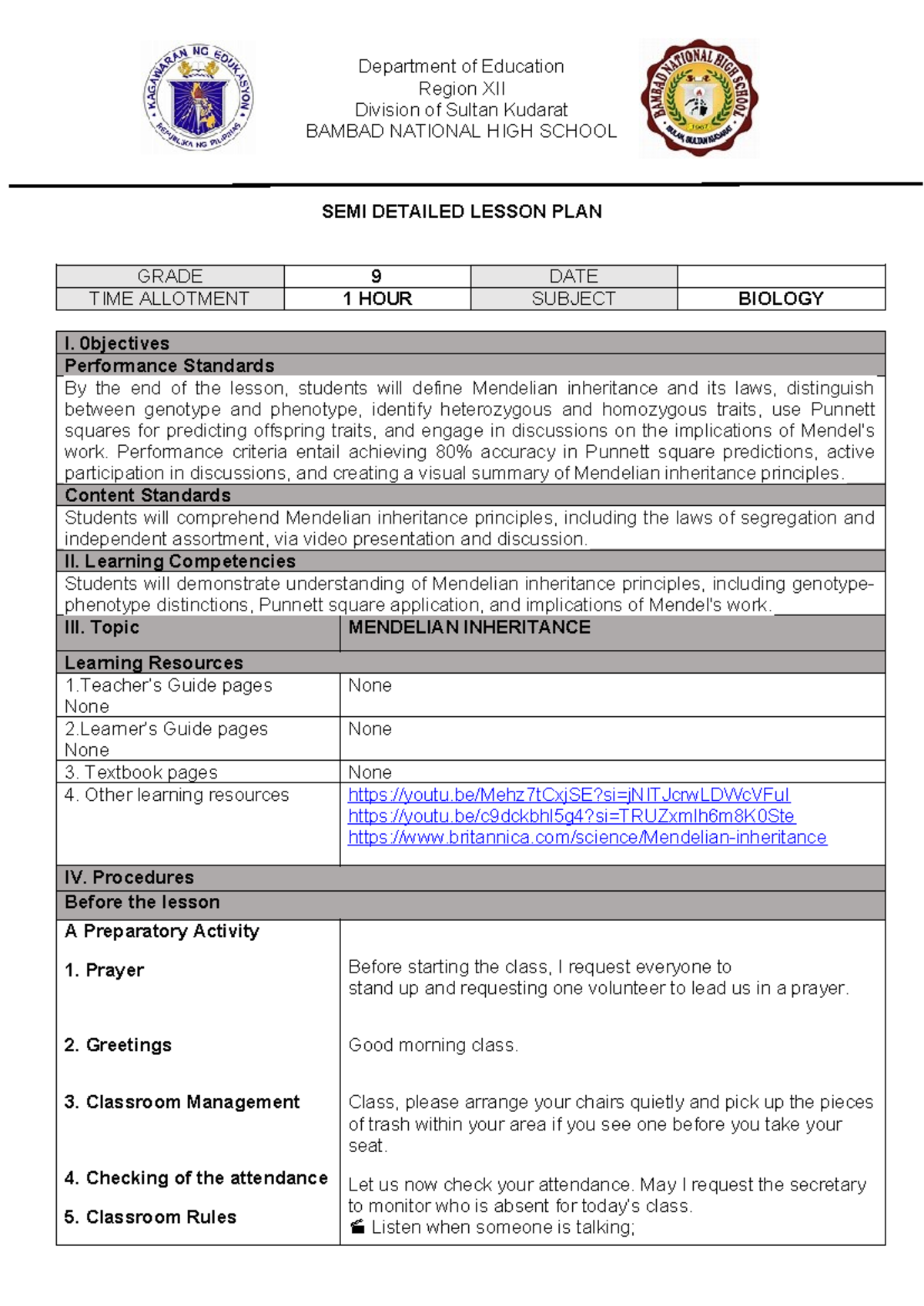Mendelian Inheritance SEMI Detailed Lesson PLAN IN Grade 9 Science ...