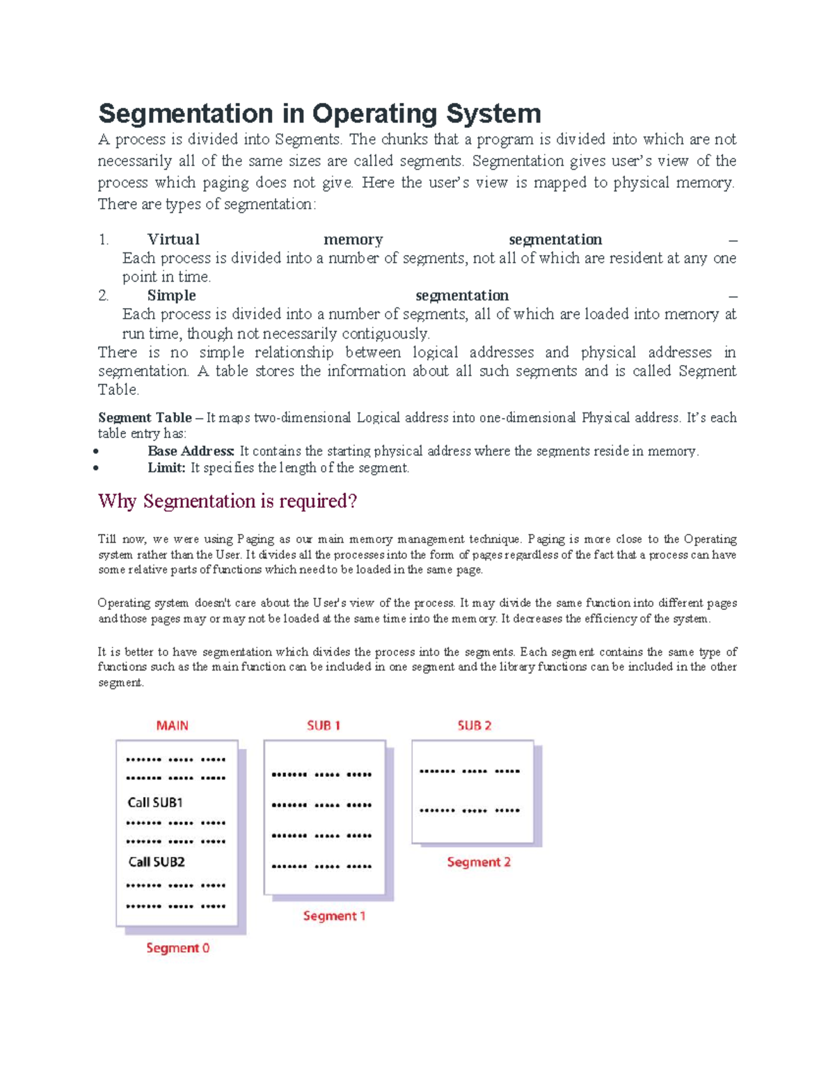 Segmentation and paging Segmentation in Operating System A process is