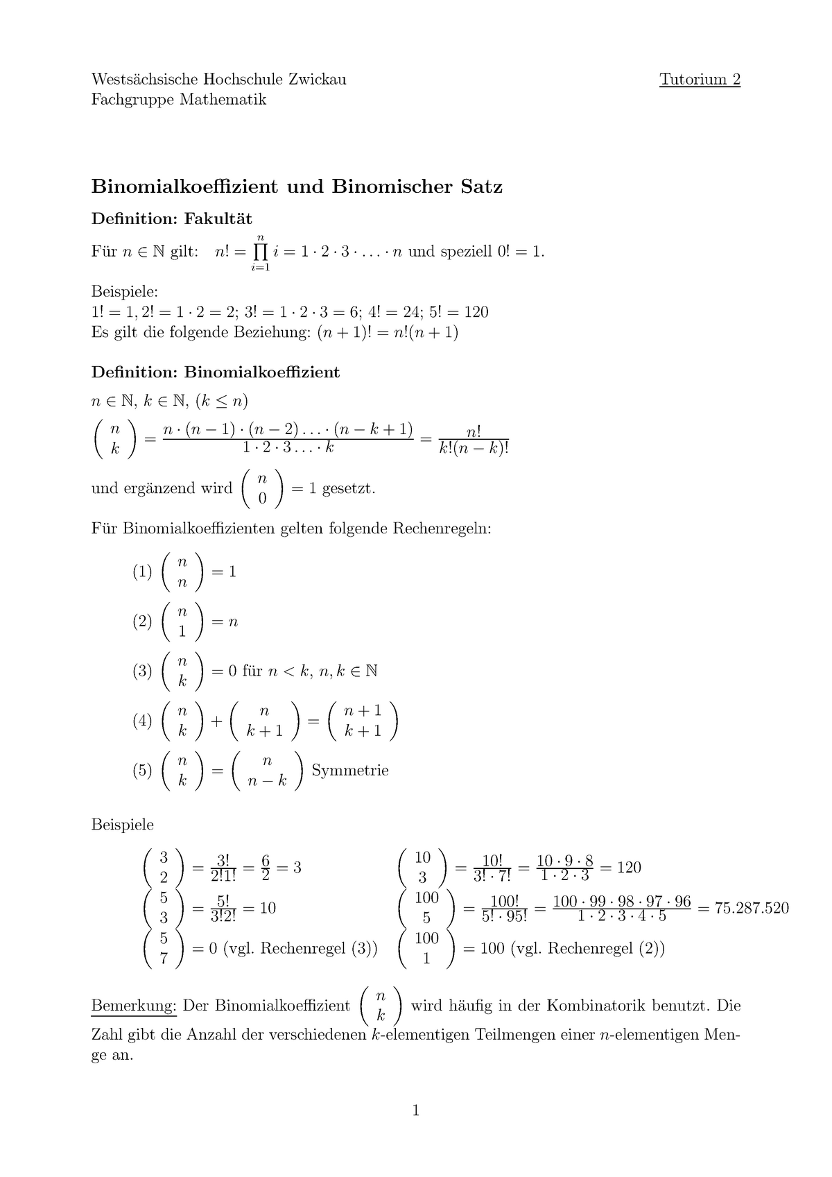 Lösung Binomialkoeffizient, n über k