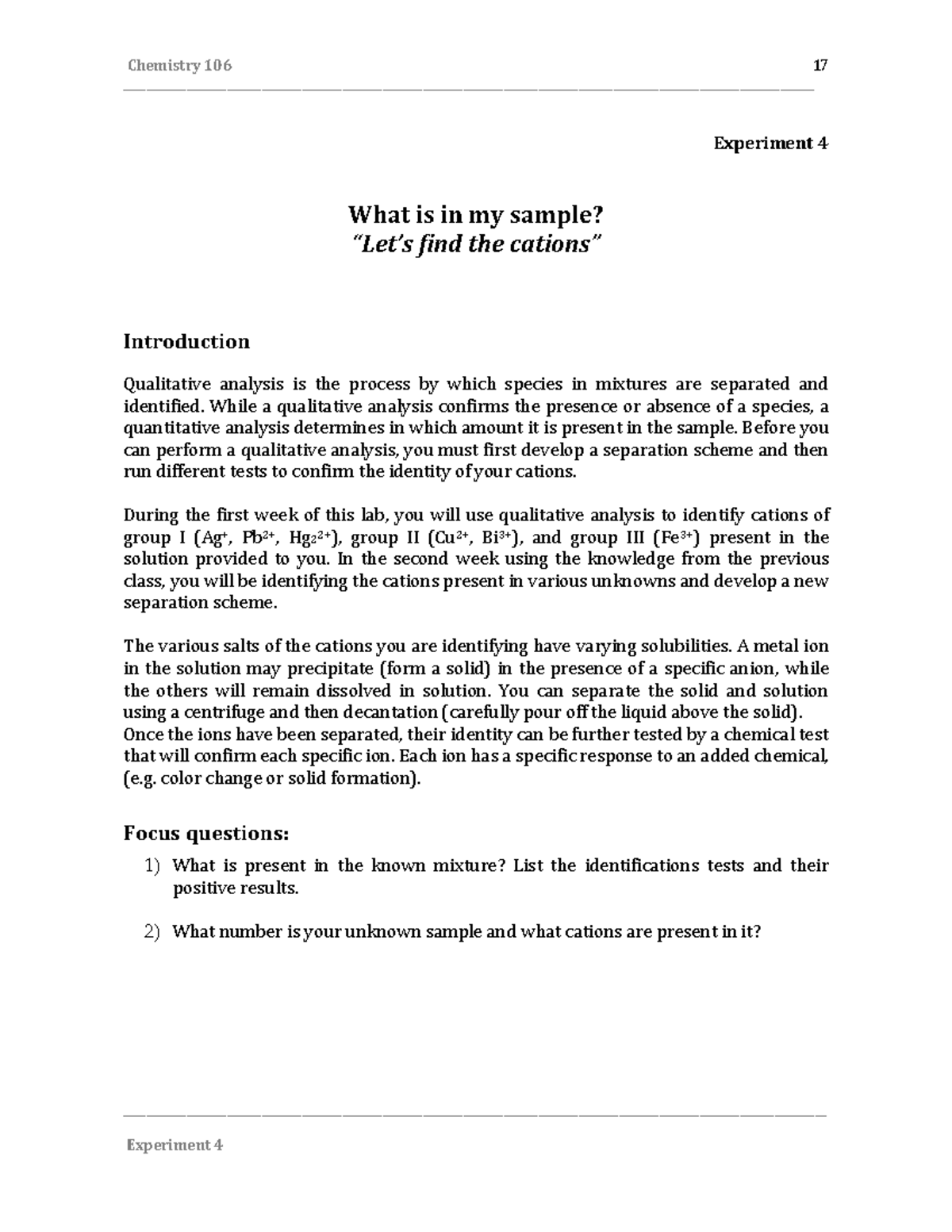 Lab 4 Lab 17 Experiment 4 What is in my sample? “Let’s find the