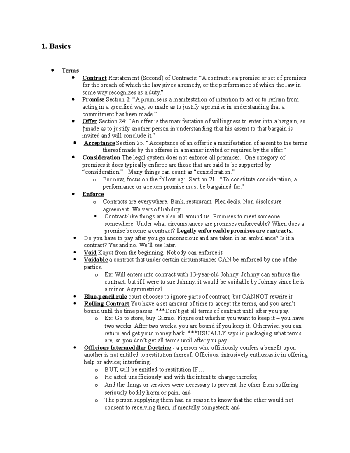 Contracts - Outline - 1. Basics Terms Contract Restatement (Second) of ...
