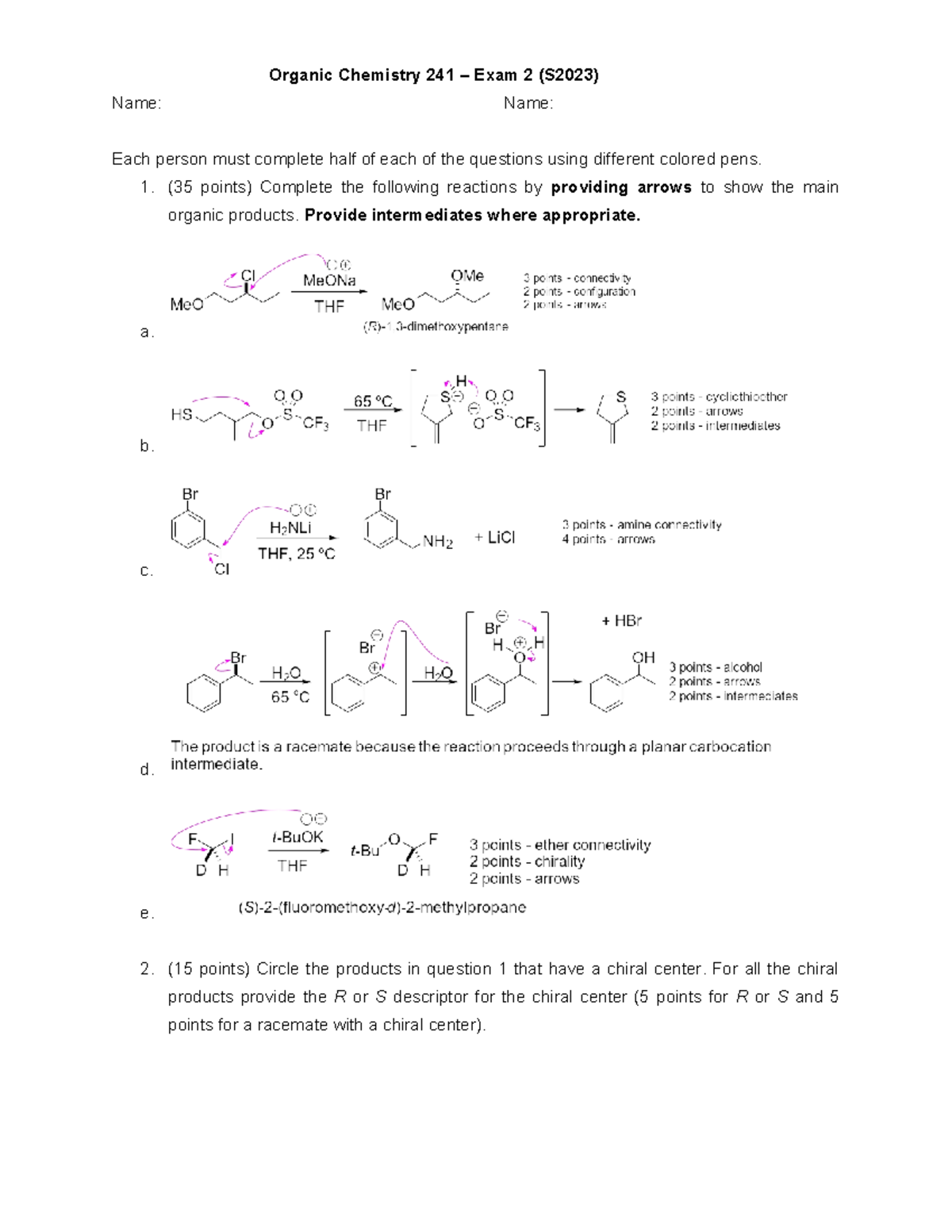 CHEM 241-Exam 2 - Answer key (S2023) - Organic Chemistry 241 – Exam 2 ...