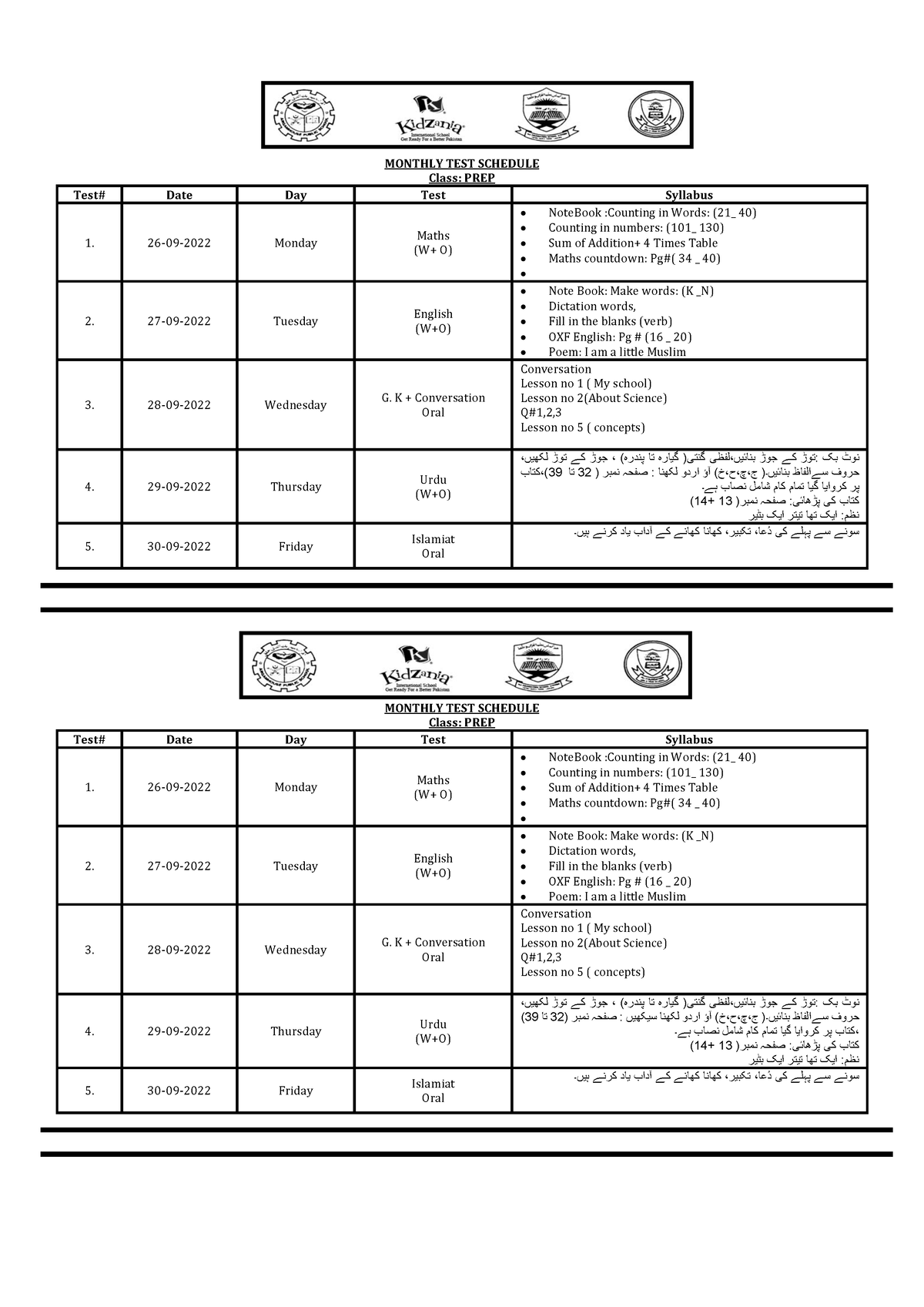 Prep monthly test - Other - MONTHLY TEST SCHEDULE Class: PREP Test ...