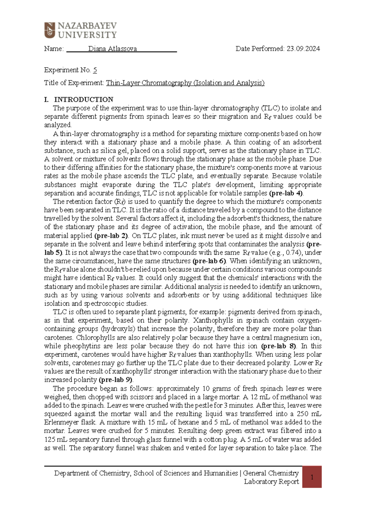 Laboratory report 5 Department of Chemistry, School of Sciences and