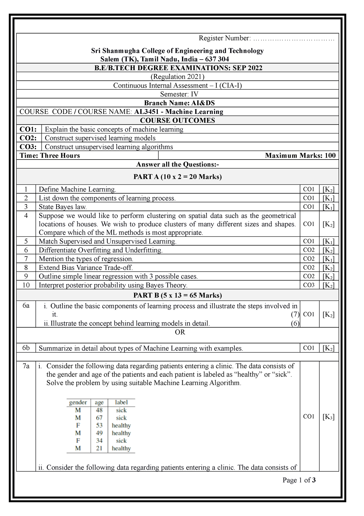 ML Set 1 QB - Question paper - Register Number ...