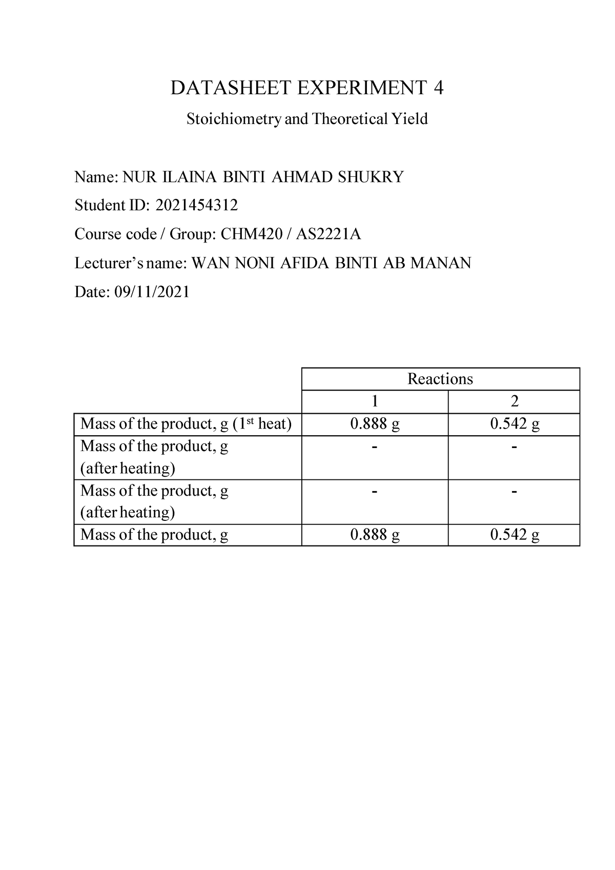 experiment 4 stoichiometry and theoretical yield