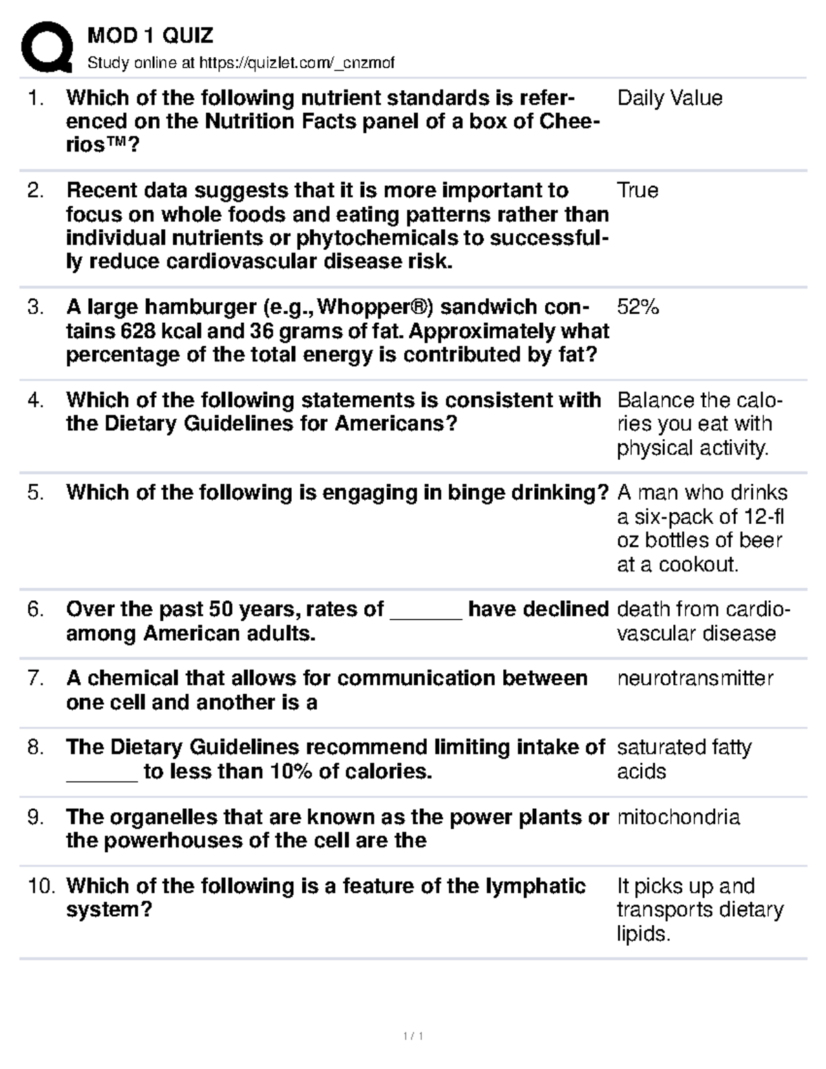 MOD 1 QUIZ - Nutrition In Wellness And Being - MOD 1 QUIZ Study Online ...